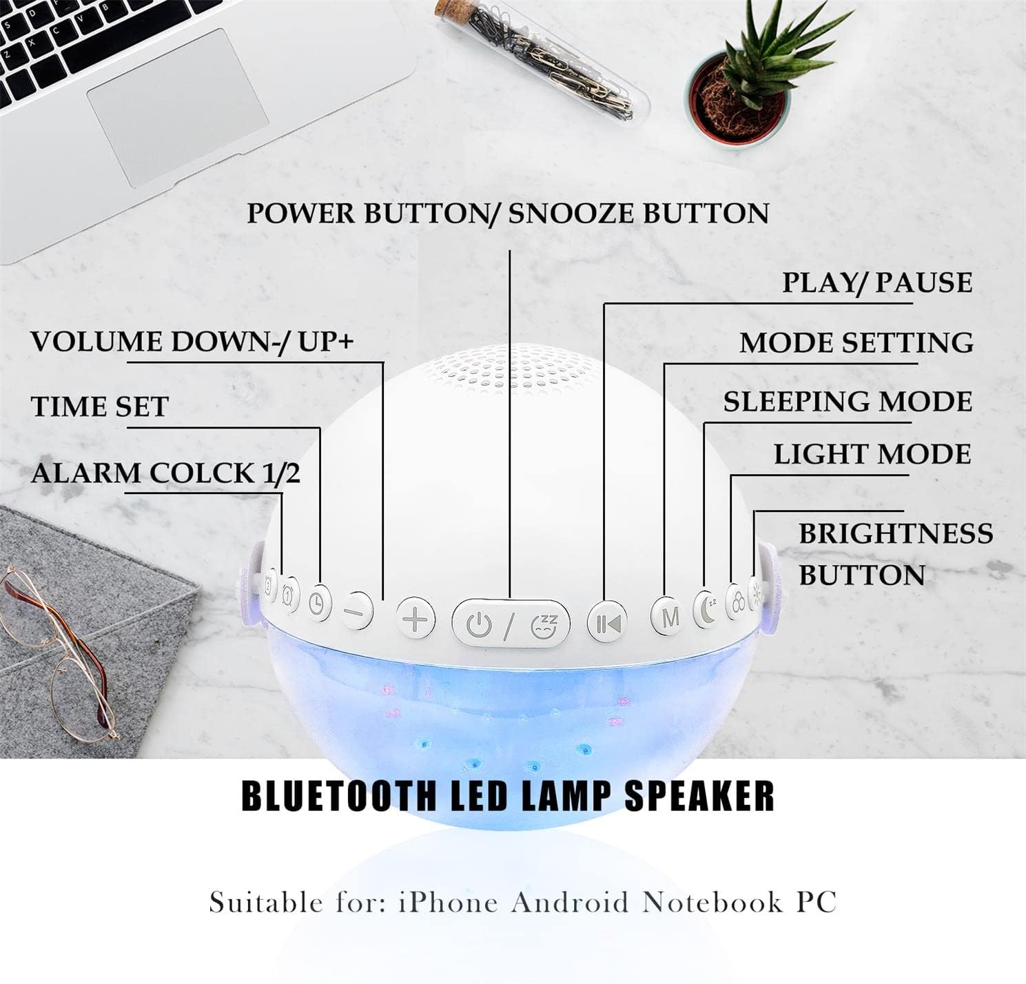 Diagram showing the button layout on the top of the Aogamb D3000 Alarm Clock, labeling Power/Snooze, Volume Down/Up, Time Set, Alarm 1/2, Play/Pause, Mode Setting, Sleeping Mode, Light Mode, and Brightness Button.