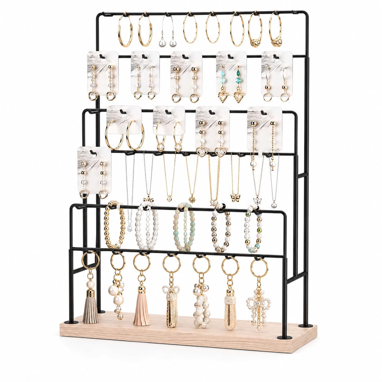 LHEHUMA Jewellery Organiser Stand, 6-Tier Jewelry Holder with Wooden Base, 36 Hooks Metal Necklace Organizer for Earrings, Bracelets, Rings & Accessories Storage Display Stand, Black