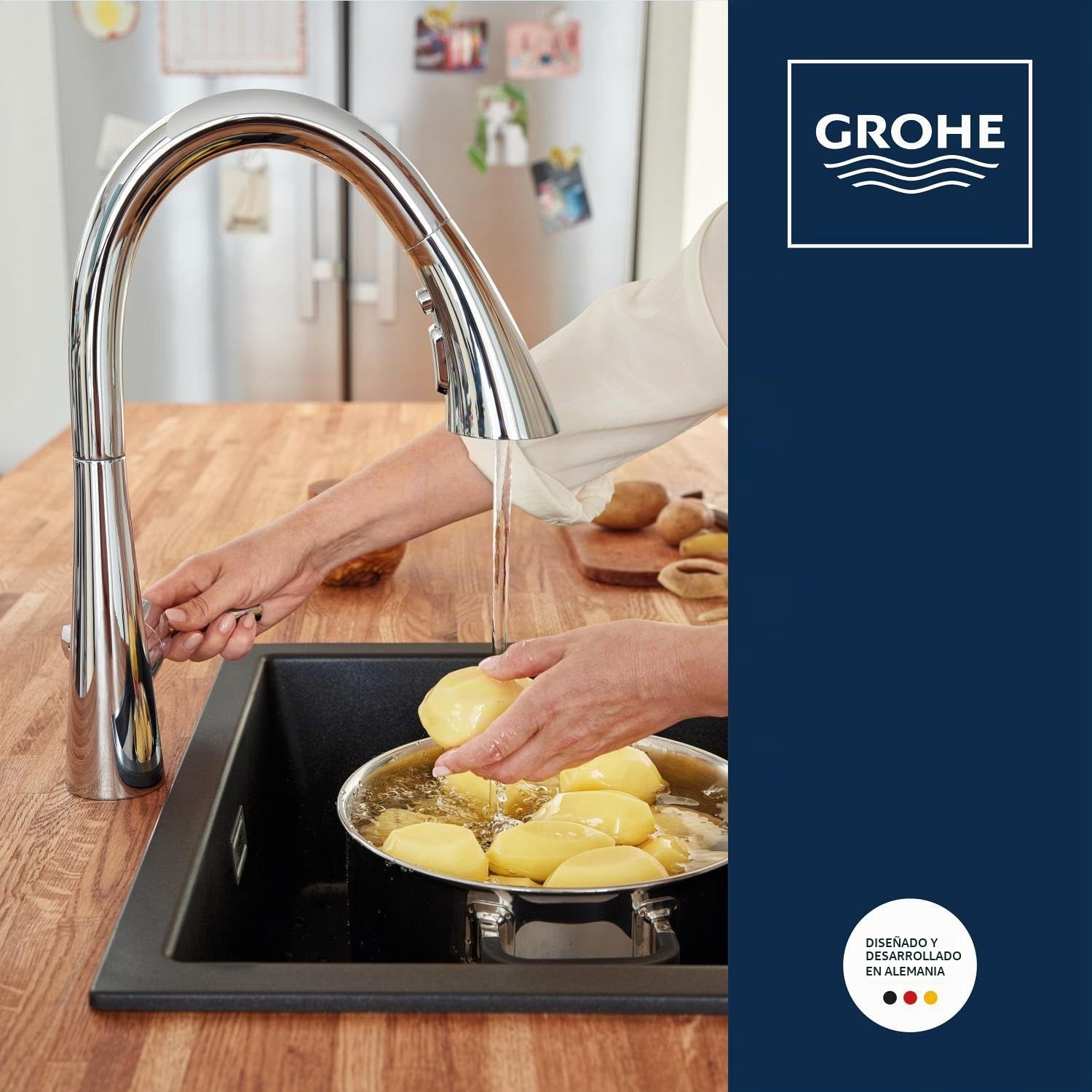 GROHE Zedra, Grifo de cocina 3 chorros (ducha extraíble, giratorio 360°, ahorro de agua con limitador de caudal variable, fácil montaje en fregadero), cromo, 32294002