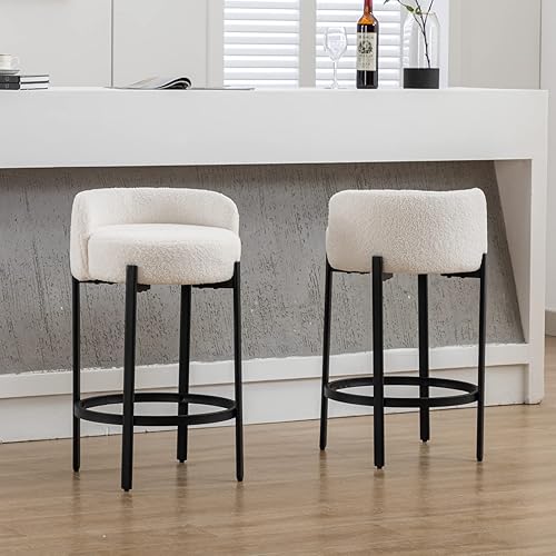Miniatura 6 de LukeAlon Juego de 2 taburetes modernos de sherpa de altura de mostrador, taburetes de bar tapizados de 26 pulgadas de altura de asiento con patas de