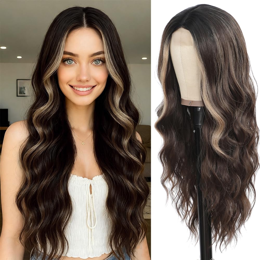 Long Brown Wig for Women 26Inch Highlights Blonde Wavy Curly Balayage Wig Natural Looking Tangle Free Synthetic Heat Resistant Hair for Daily Wear