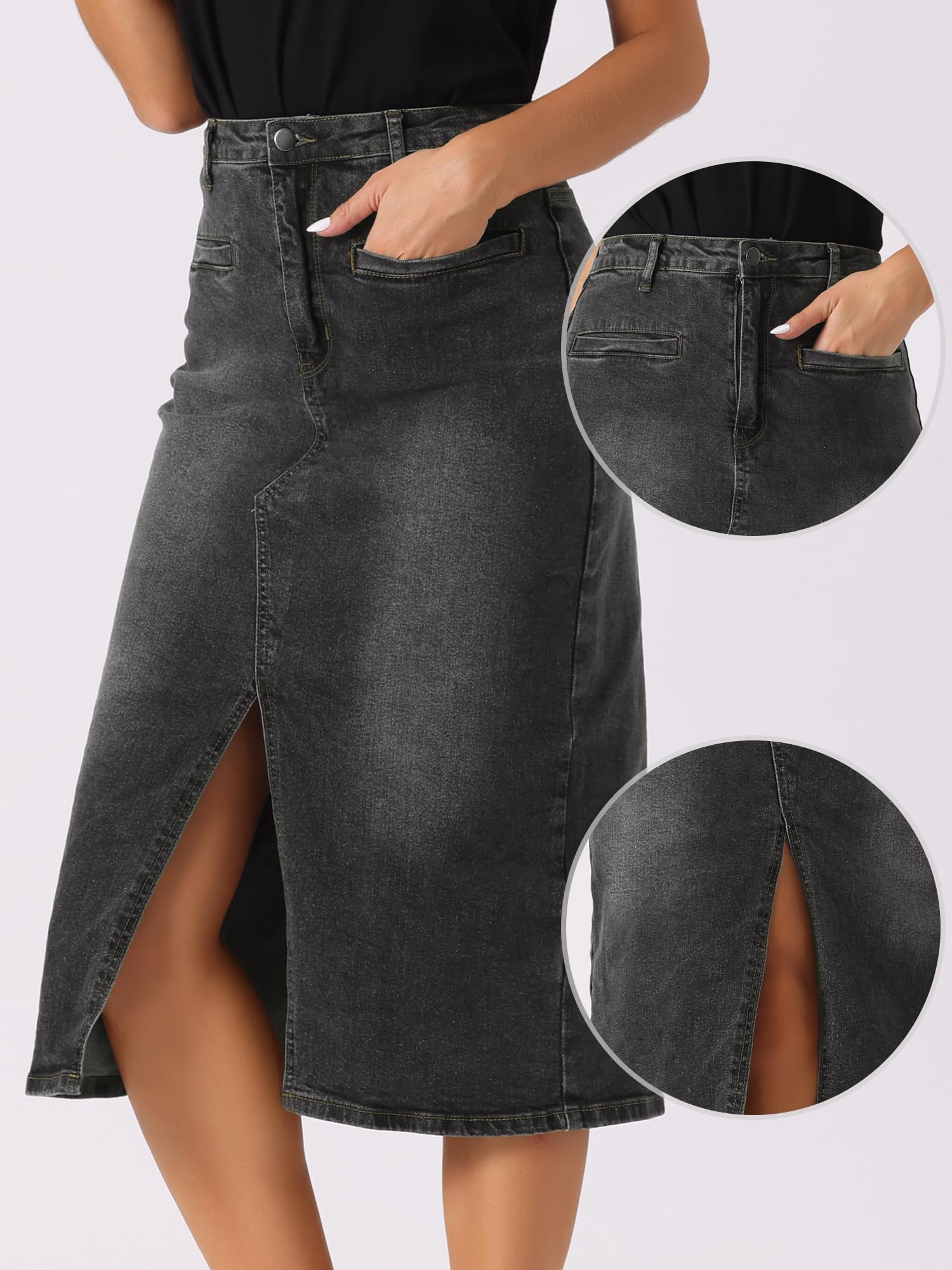 Allegra K Gonna midi in denim per donna a vita alta con spacco frontale con tasche gonne di jeans