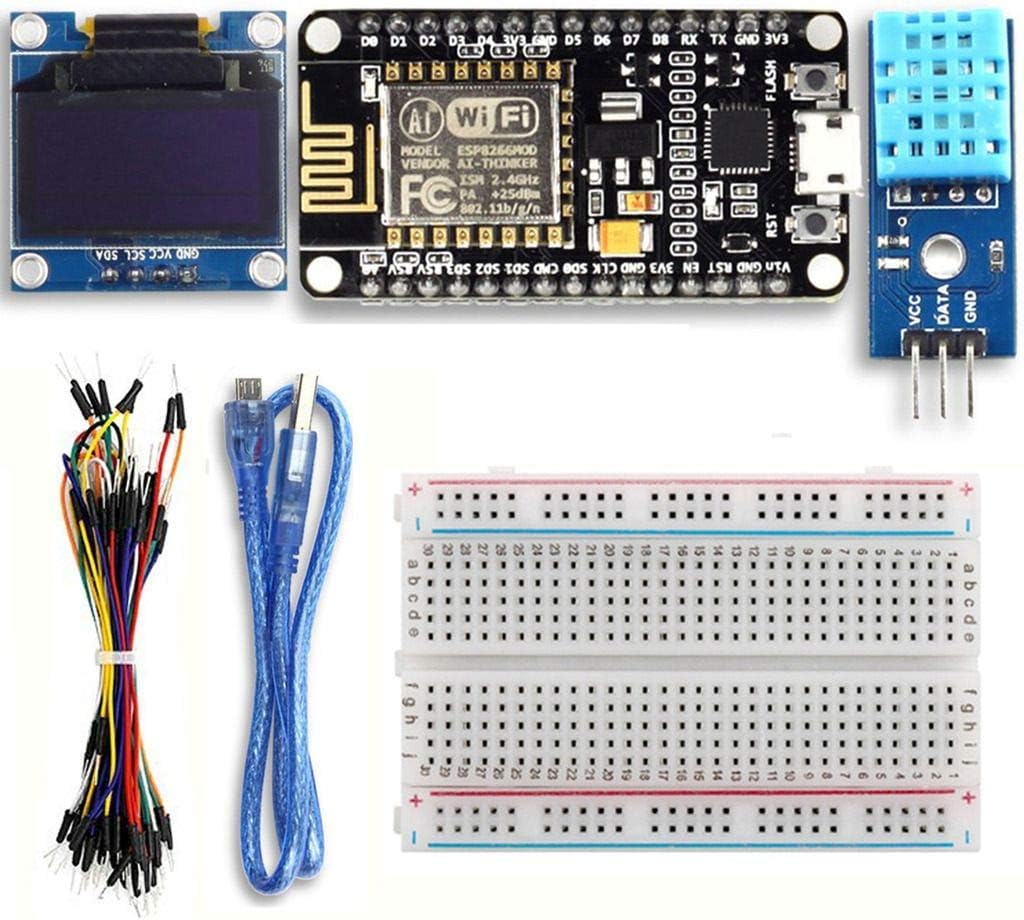 Super Debug ESP8266 Starter Kit ESP8266 Weather Station Kit for IoT Arduino IDE with ESP8266 ESP-12E Development Board 0.96" OLED Display and DHT11 Temperature and Humidity Sensor + Breadboard