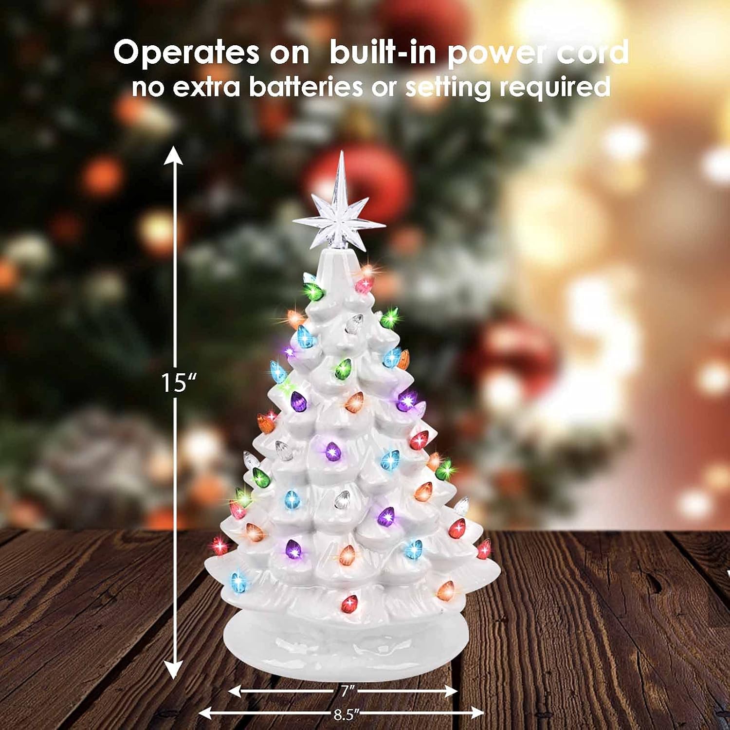 GIVERARE 15" Ceramic Christmas Tree, Pre-Lit Hand-Painted Tabletop Xmas Decor with 66 Multicolored Lights &Top Star, Vintage Retro Centerpiece for Holiday, Party Supplies Ornaments-White