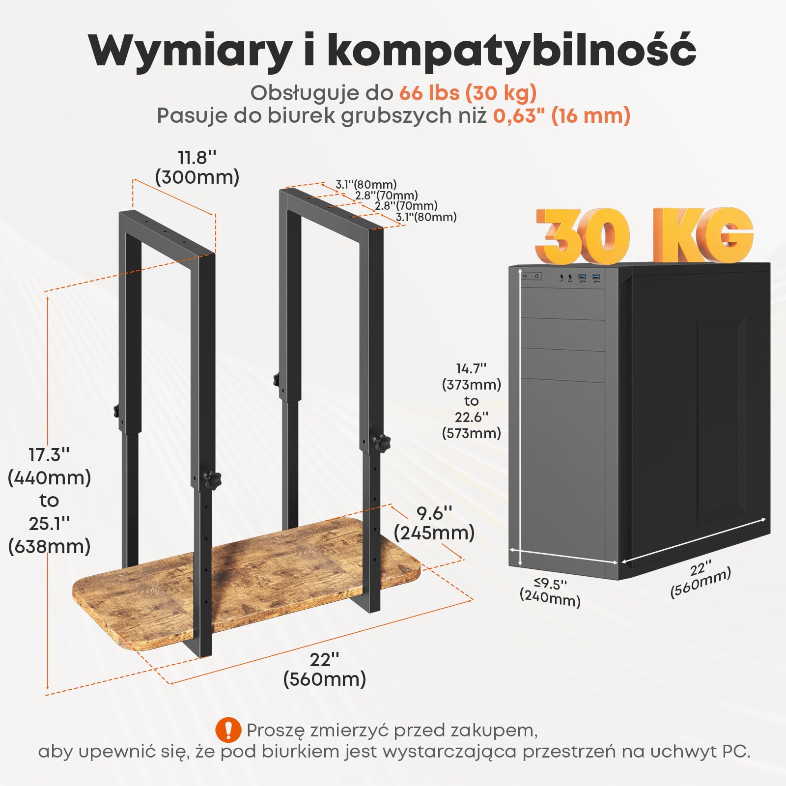 Solidny uchwyt PC pod biurko, regulowana wysokość – Uchwyt na obudowę PC, oszczędność miejsca, maksymalna waga 30 kg, Czarny & rustykalny brąz