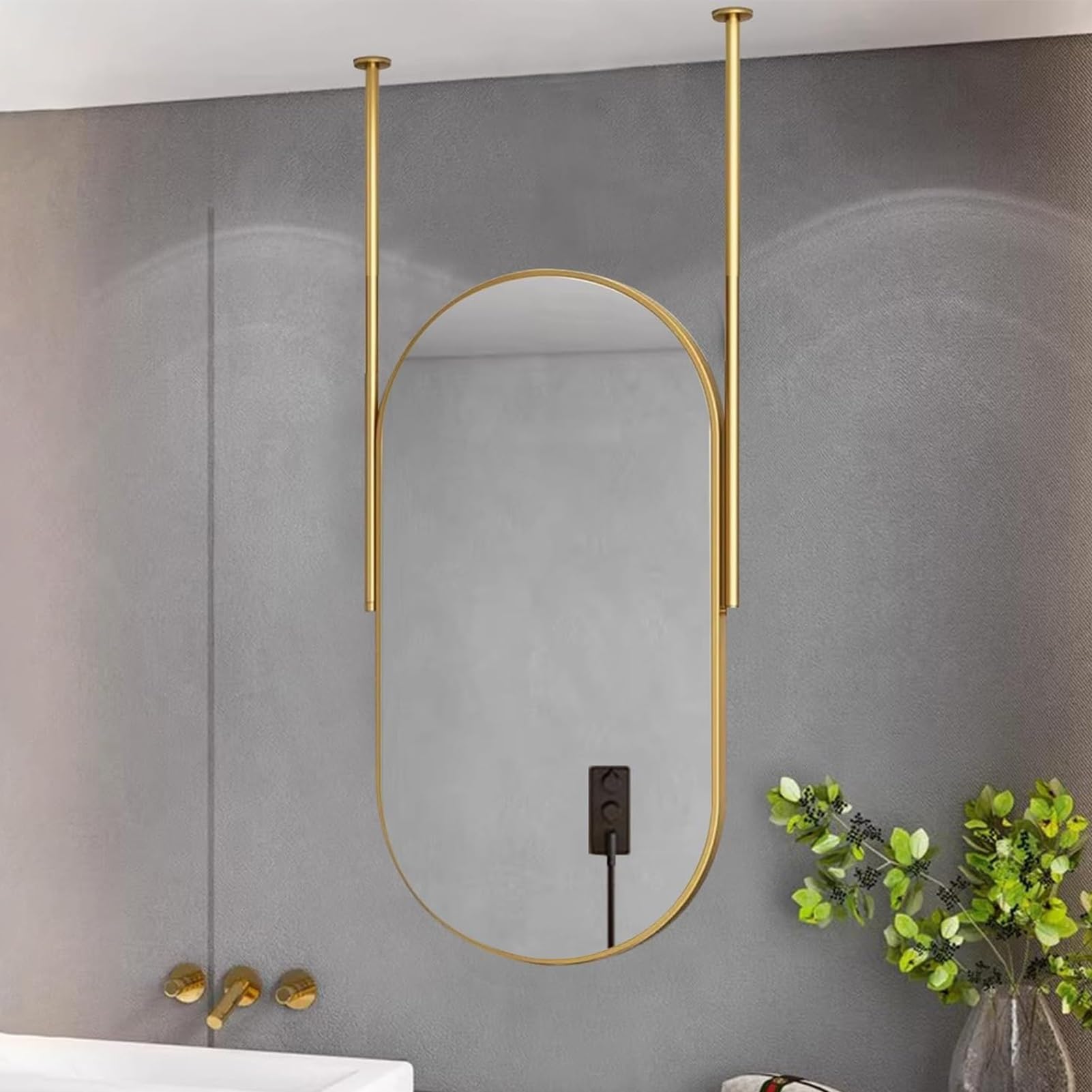 GLJTUO Ceiling Mounted Mirror Gold Oval Wall Home or Hotel Bathroom Vanity with Metal Frame and Double Rods - HD,size_name-40x70cm