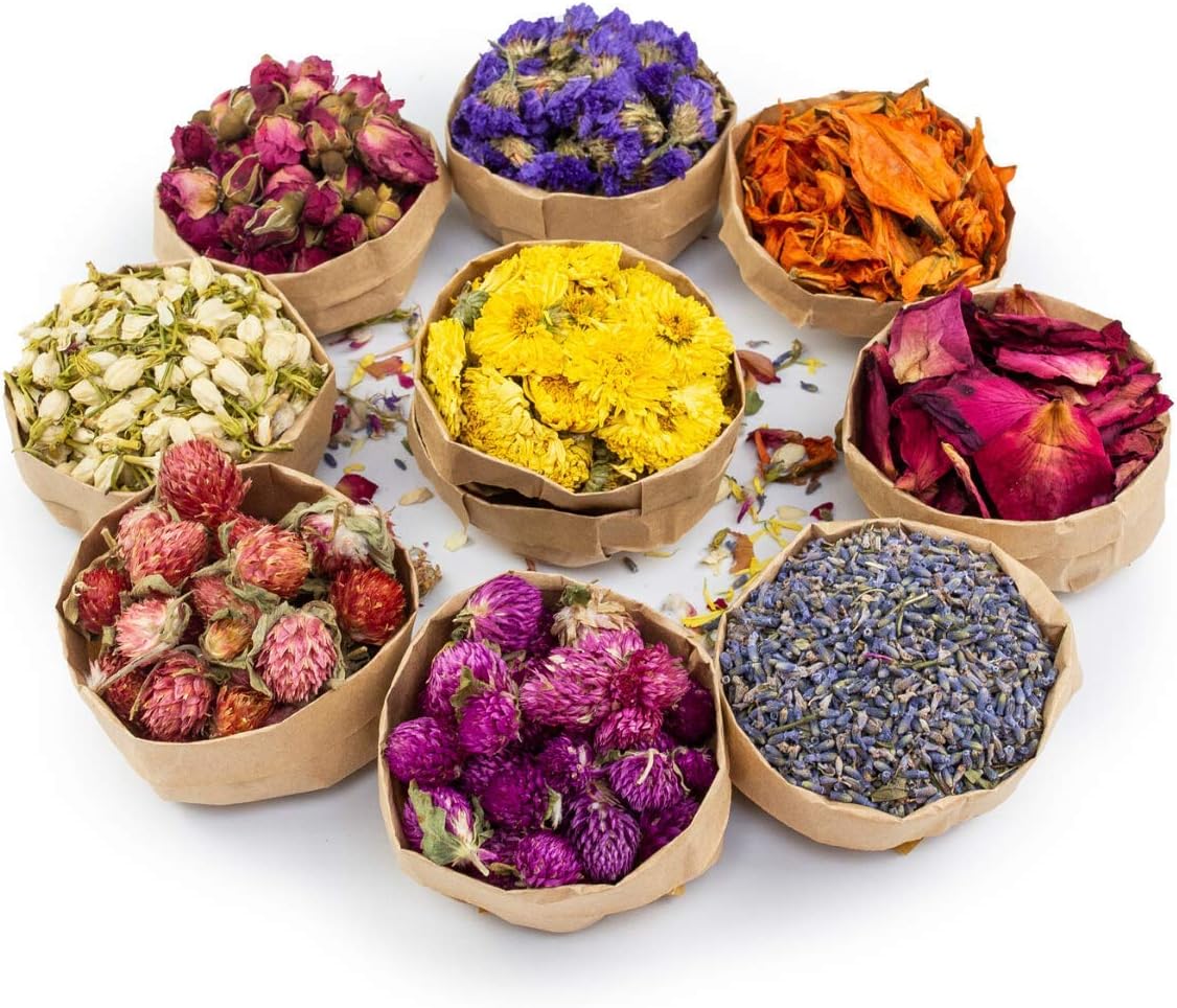 Natural Dried Flower- Gift Box - Floral Kit for Soap, Candle, Resin Jewelry Making, Bath, Nail, Decoration - Rosepetals, Rosebuds, Lavender, Jasmine, Gomphrena, Chrysantherum