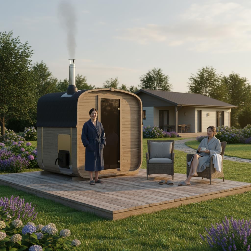Fasssauna Gartensauna aus Fichtenholz mit Holzofen ETNA – 3-4 Personen