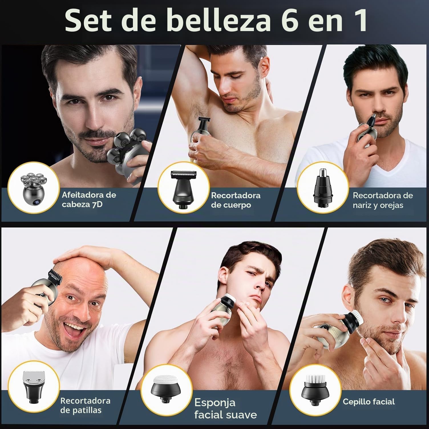 Afeitadora Cabeza Hombre, 6 en 1 Maquina Afeitar Hombre para Calvo, Afeitadora Eléctrica Hombre, 7D Cabezales Maquina para Afeitar Cabeza en Seco y Húmedo con Pantalla LED, IPX6 Impermeable, USB-C
