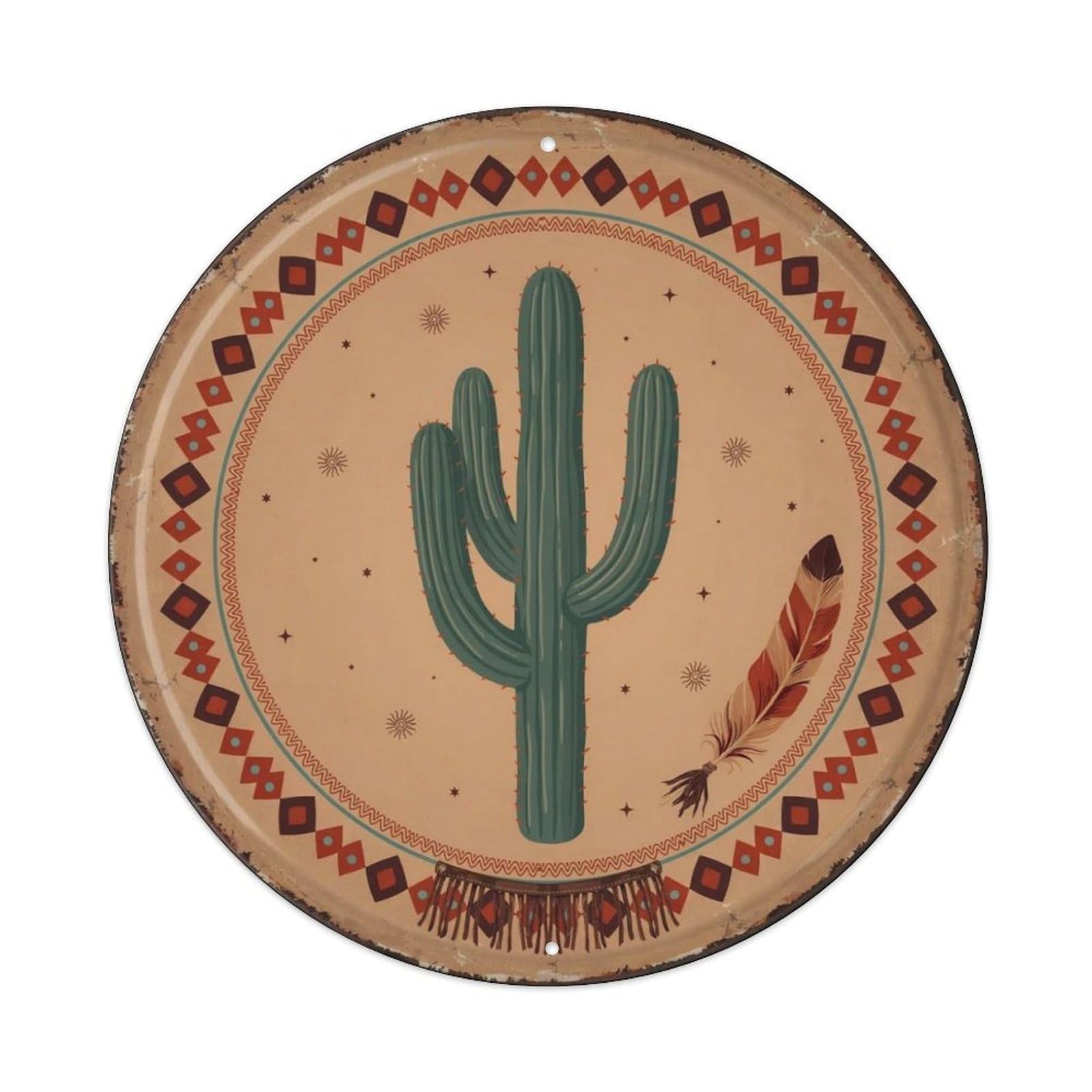 Southwestern Desert Cactus Feather Round Metal Tin Sign Plaque