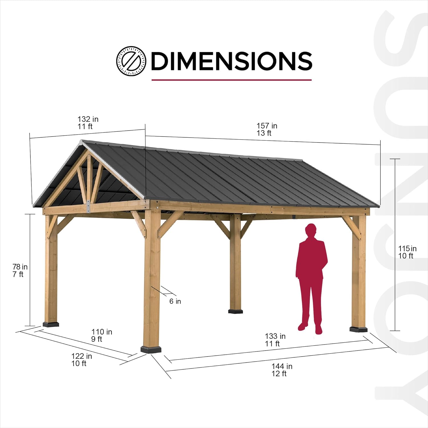 Sunjoy Wood Gazebo 11 x 13 ft. Outdoor Patio Premium Cedar Frame Gazebos with Matte Black Steel Gable Hardtop Roof for Garden, Backyard Shade, Black Roof + Natural Wood Frame
