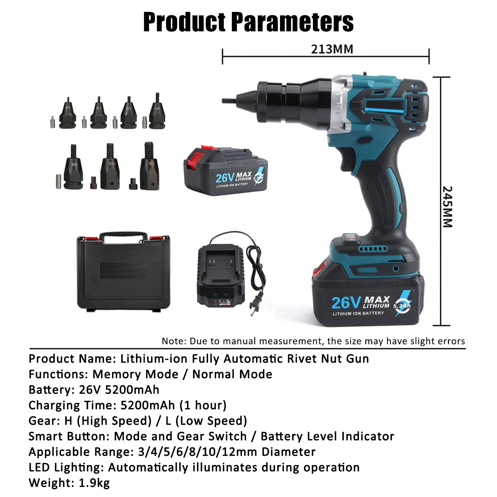 Remachadora de Tuercas a Batería y Eléctrica Portátil - Juego Profesional con Cargador para Tuercas Remachables M3, M4, M5, M6, M8, M10, M12 en Acero (5200mAh, 2 Batería)