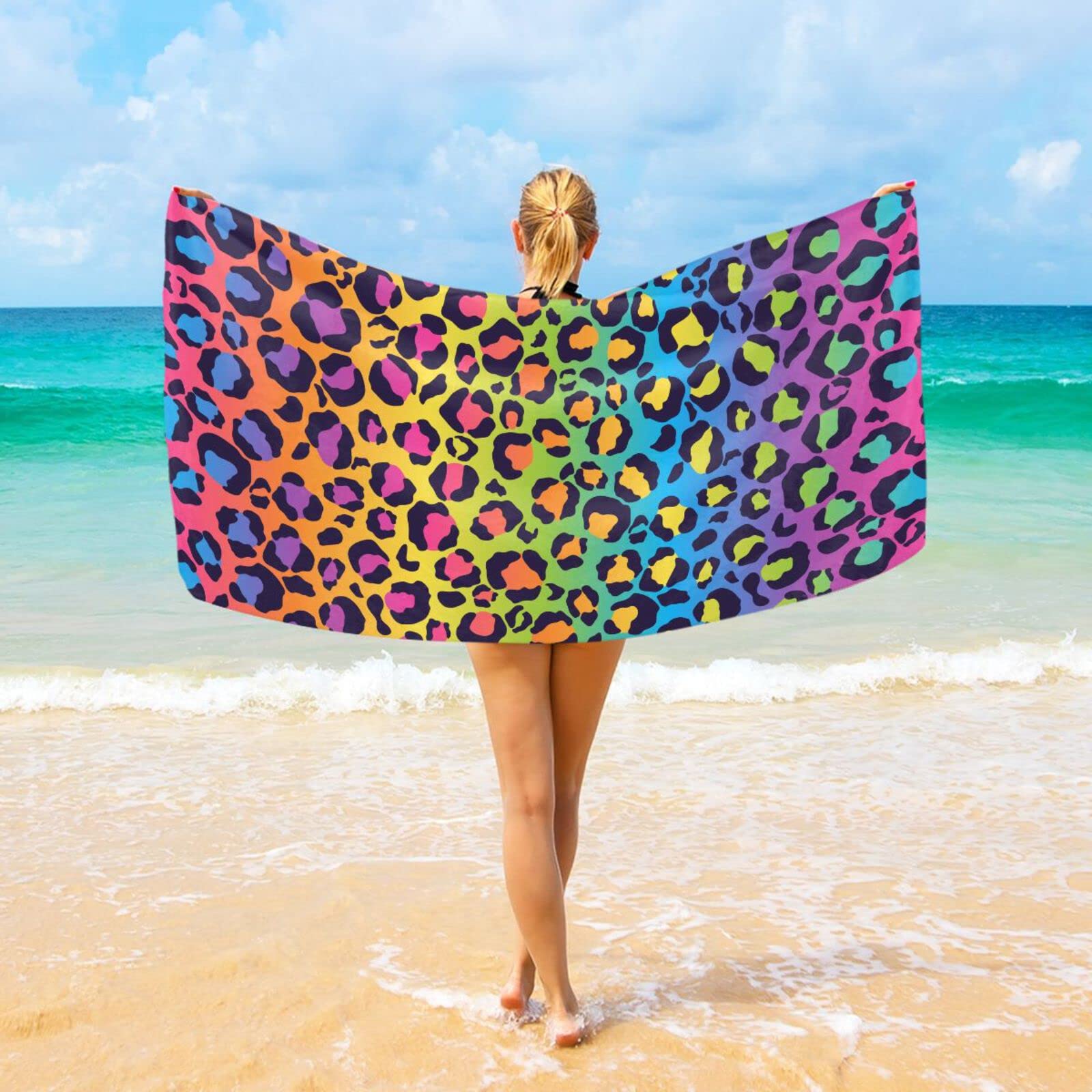 SUABO Large Beach Towel 71x32 Inch | Multicolored Leopard Print, Microfiber Quick-Dry, Sand Resistant | For Beach, Pool, Travel, Yoga