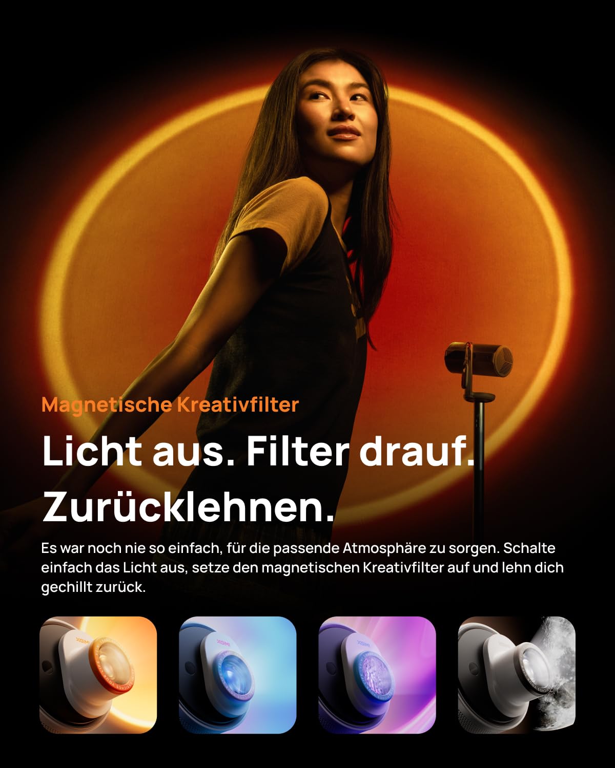 XGIMI MoGo 4 Laser Handy Beamer mit Akku, 550 ISO-Lumen, Outdoor Mini Projektor mit 360° Ständer, 2,5 Std Wiedergabe, Google TV & Netflix, Harman Kardon Sound, inkl. 4 Filter