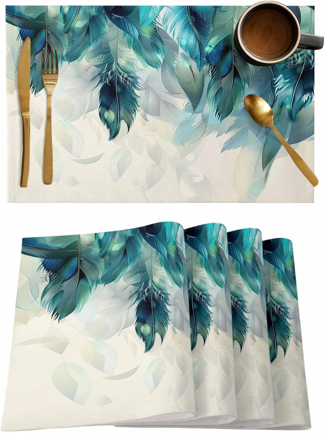 Peacock Feathers Placemats for Dining Table Set of 4, Teal Turquoise Blue Ombre Animal Linen Cloth for Square/Rectangle/Round Table Mat Placemat, Kitchen Dinner Holiday Décor