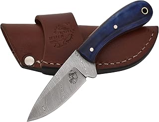 Knives Ranch Handmade Damascus Steel Knife Full Tang Arched Spine Handy Knife - Blue Cattale Bone Handle - Cowboy Crossdraw Sheath Snug Fit (4404-BLU) - Knives Ranch