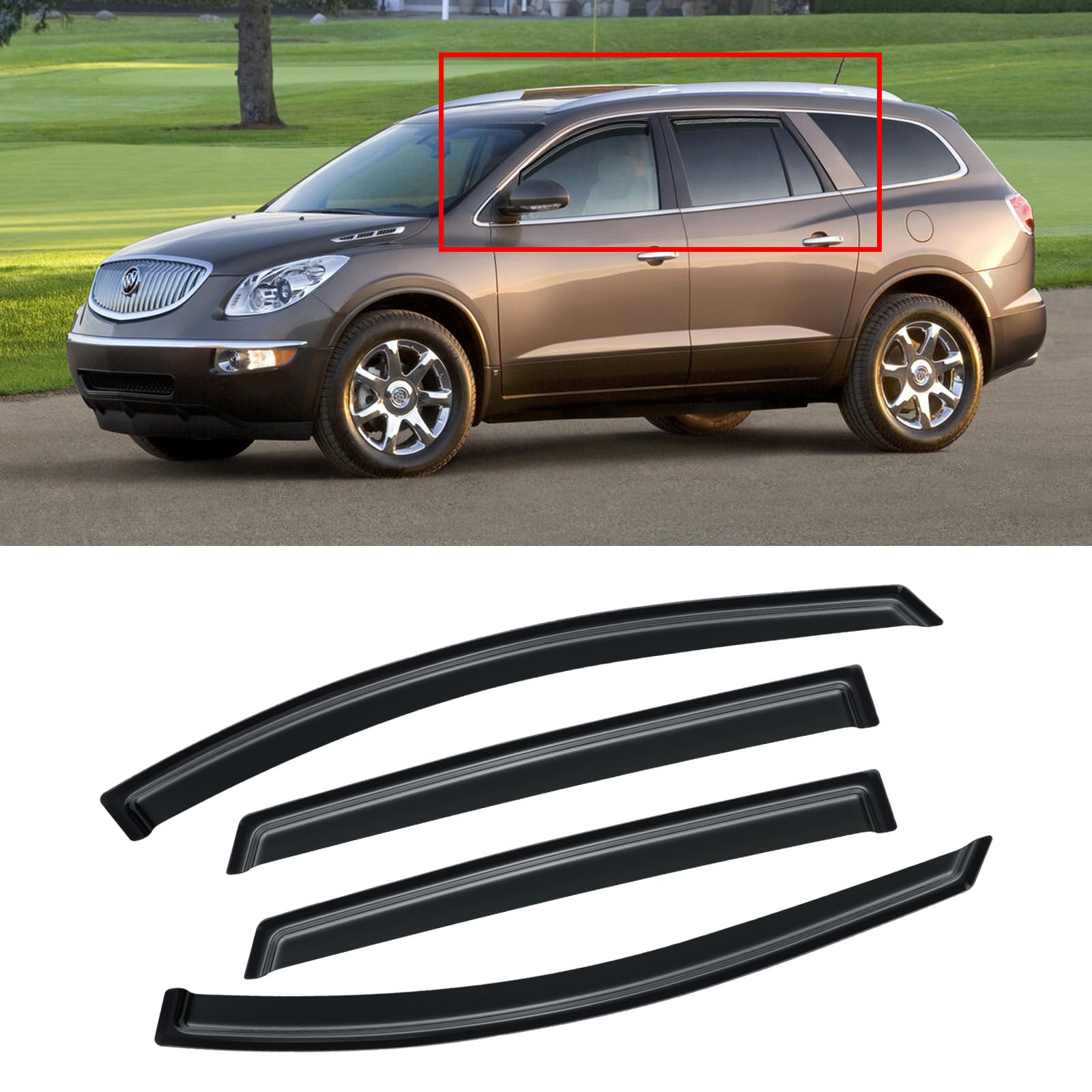 Window Visor for 2008-2017 Buick Enclave CXL CX, Rain Guards Shields Vent Deflector Shade Wind Ventvisor Dark Smoke 2009 2010 2011 2012 2013 2014 2015 2016, Tape-On, 4PCS