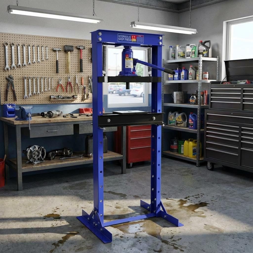 12 Ton Hydraulic H-Frame Shop Press – Adjustable Floor Press with Stamping Plates for Bending, Straightening, and Installing Bearings & U-Joints – Heavy-Duty Garage and Workshop Equipment