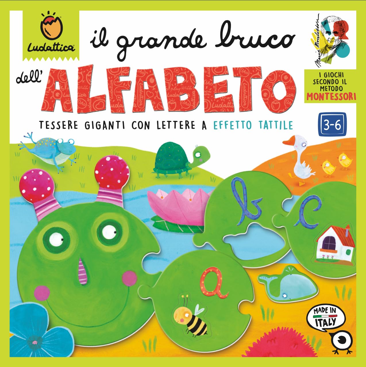 Ludattica - GIOCHI MONTESSORI - Il grande Bruco dell'alfabeto - 26 tessere giganti con effetto tattile - Gioco educativo bambini 3-6 anni per imparare l'alfabeto