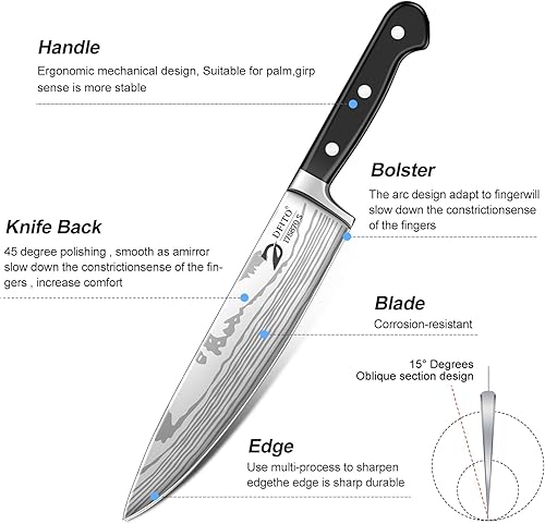 Miniatura 3 de Dfito Juego de cuchillos de chef con bolsa de rollo, 9 piezas de cuchillos de cocina con sacapuntas, acero inoxidable de alto carbono ultra afilado