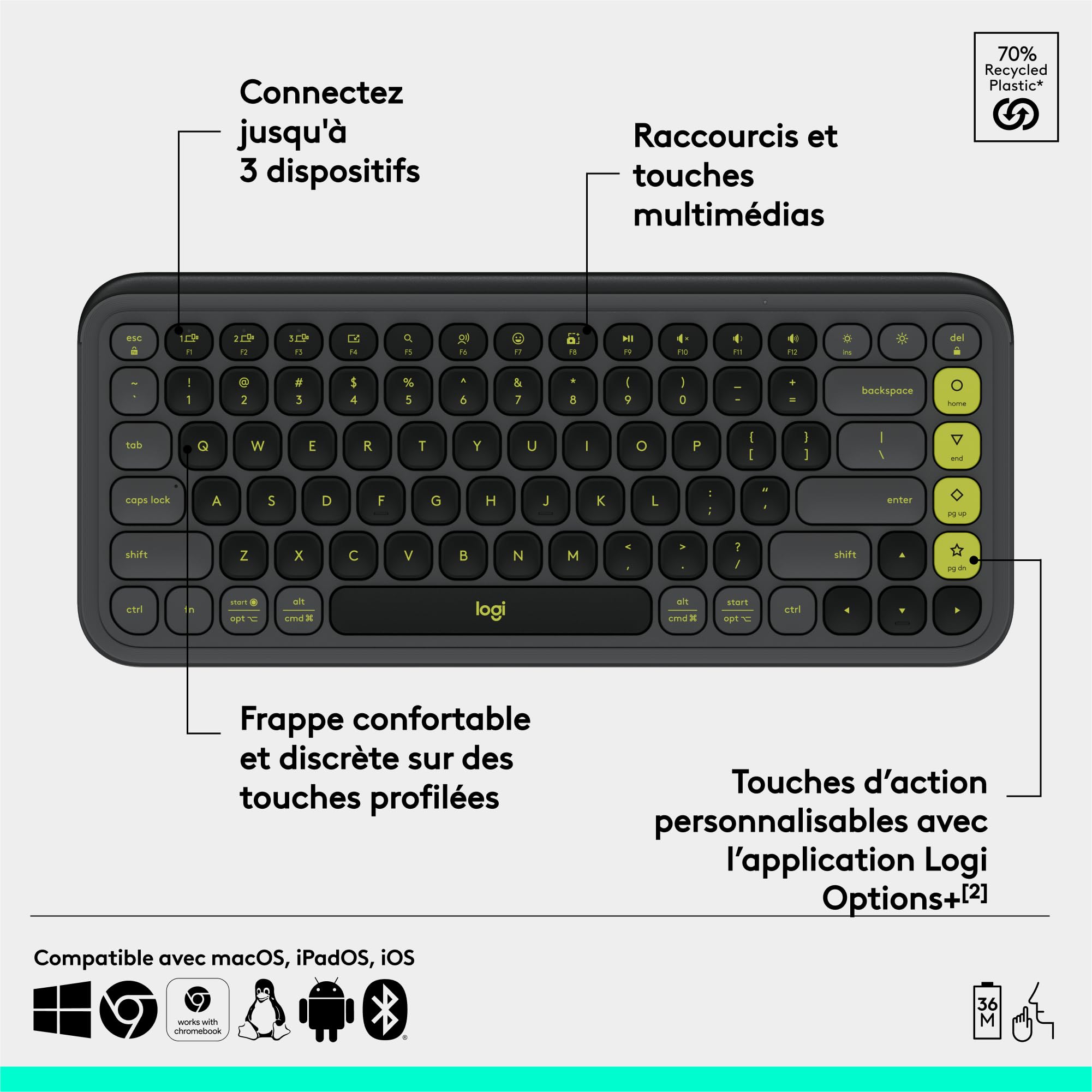 Logitech POP Icon Keys Wireless Bluetooth Keyboard, Comfortable Typing, Programmable Keys, Easy-Switch Between 3 Devices Maximum, for Laptop, Tablet, PC, French AZERTY, Graphite