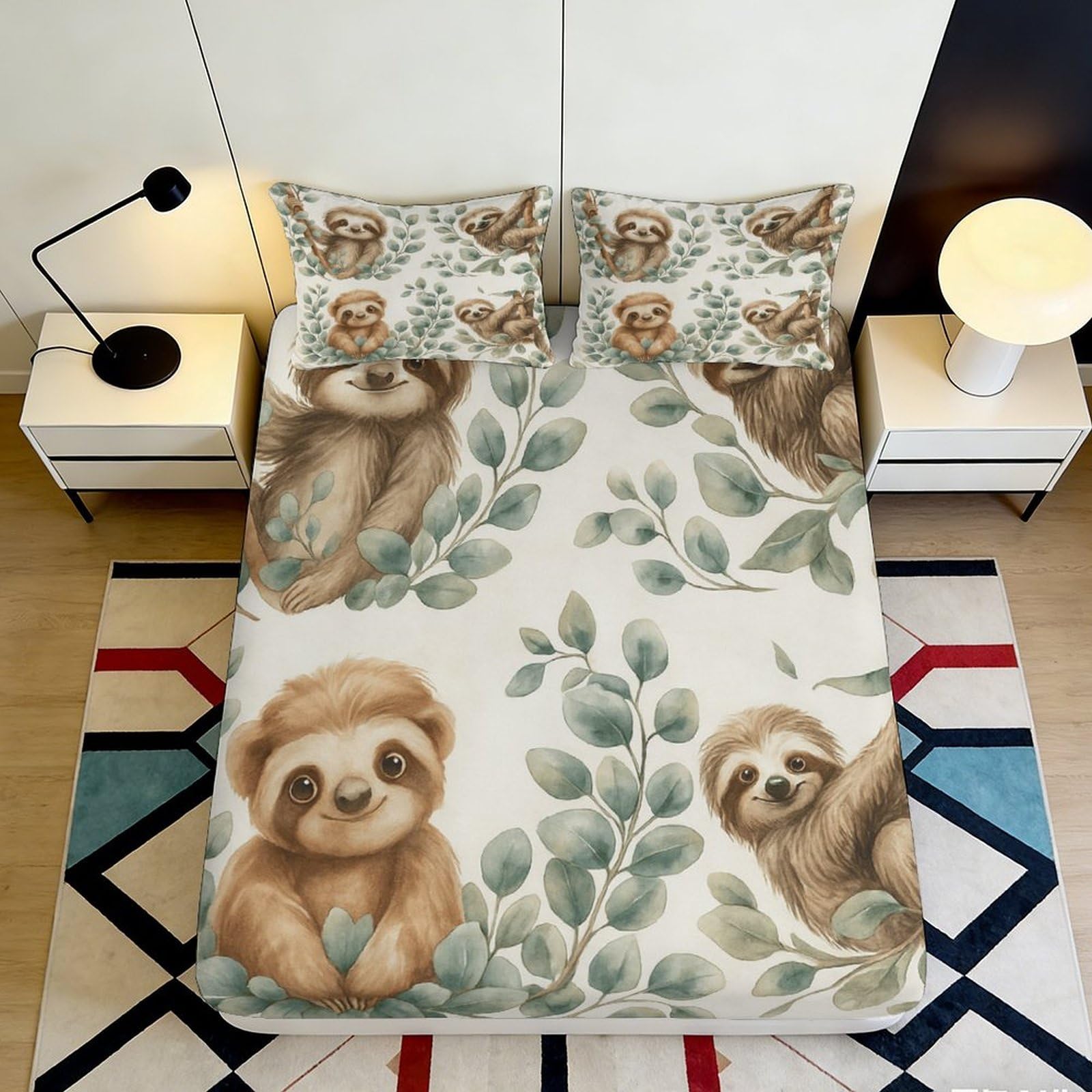 3D Printed Sloth Leaves Fitted Sheet Microfiber Anti-Slip Bed Cover for Bedroom Dorm Easy Care Mattress Protector 140x200x25cm