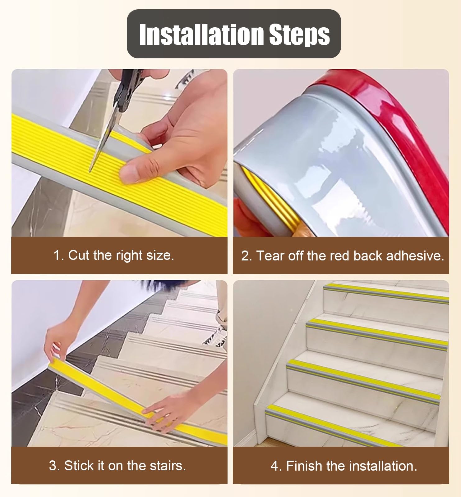 Vibeo Barre de Seuil Autocollant Nez de Marche, PVC Antidérapant Bande de Transition pour Marches D'escalier, Carrelage/stratifié/marbre Protection de Marches Extérieur(Brown,30m (98.4ft))