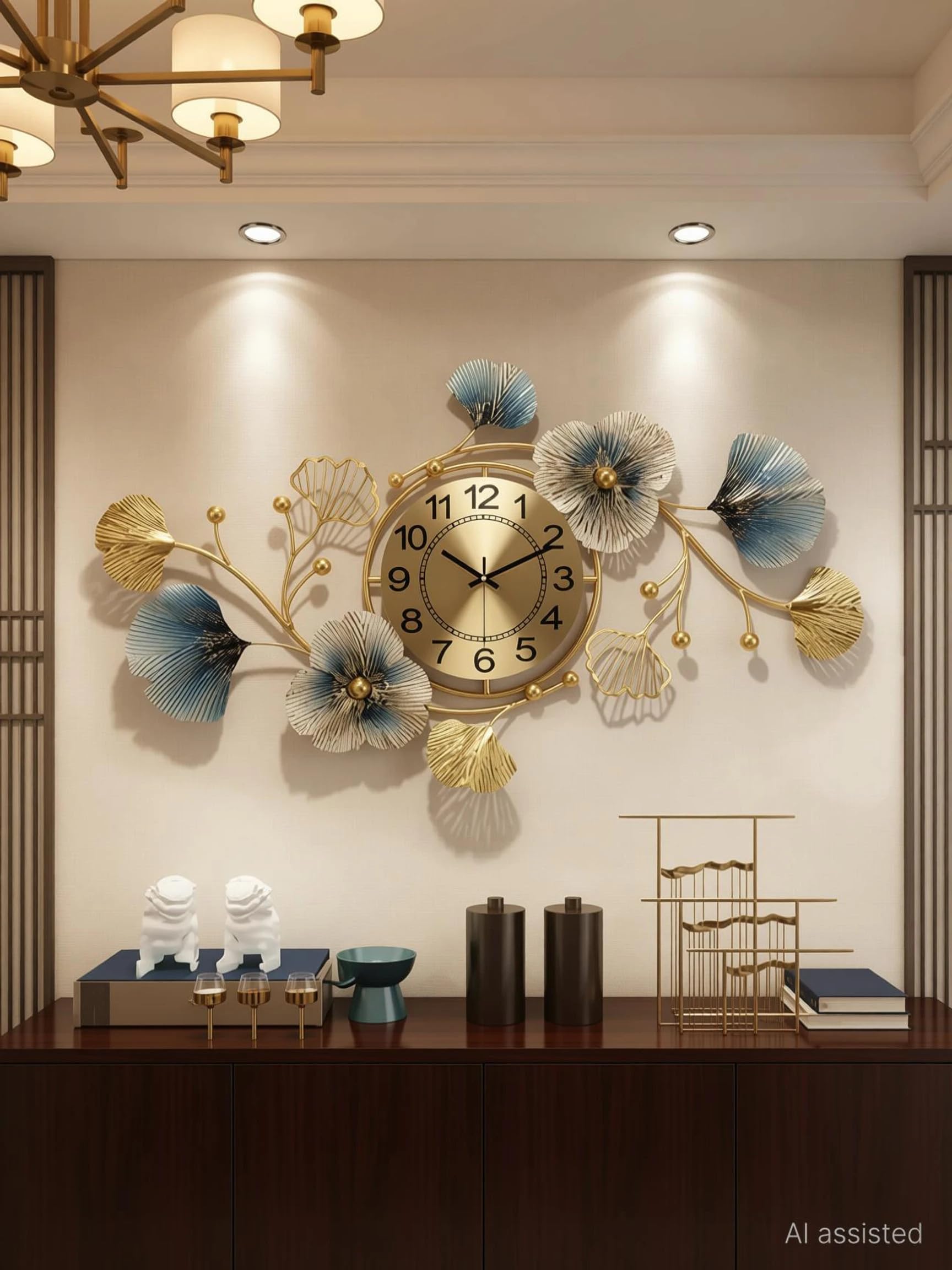 FAB Home Decor Luxury Metal Wall Clock – Large 50x90 cm Handcrafted Golden Ginkgo Leaf & Floral Design, Silent Sweep Analog Clock for Living Room, Hall, Entryway Wall Decor-image-16