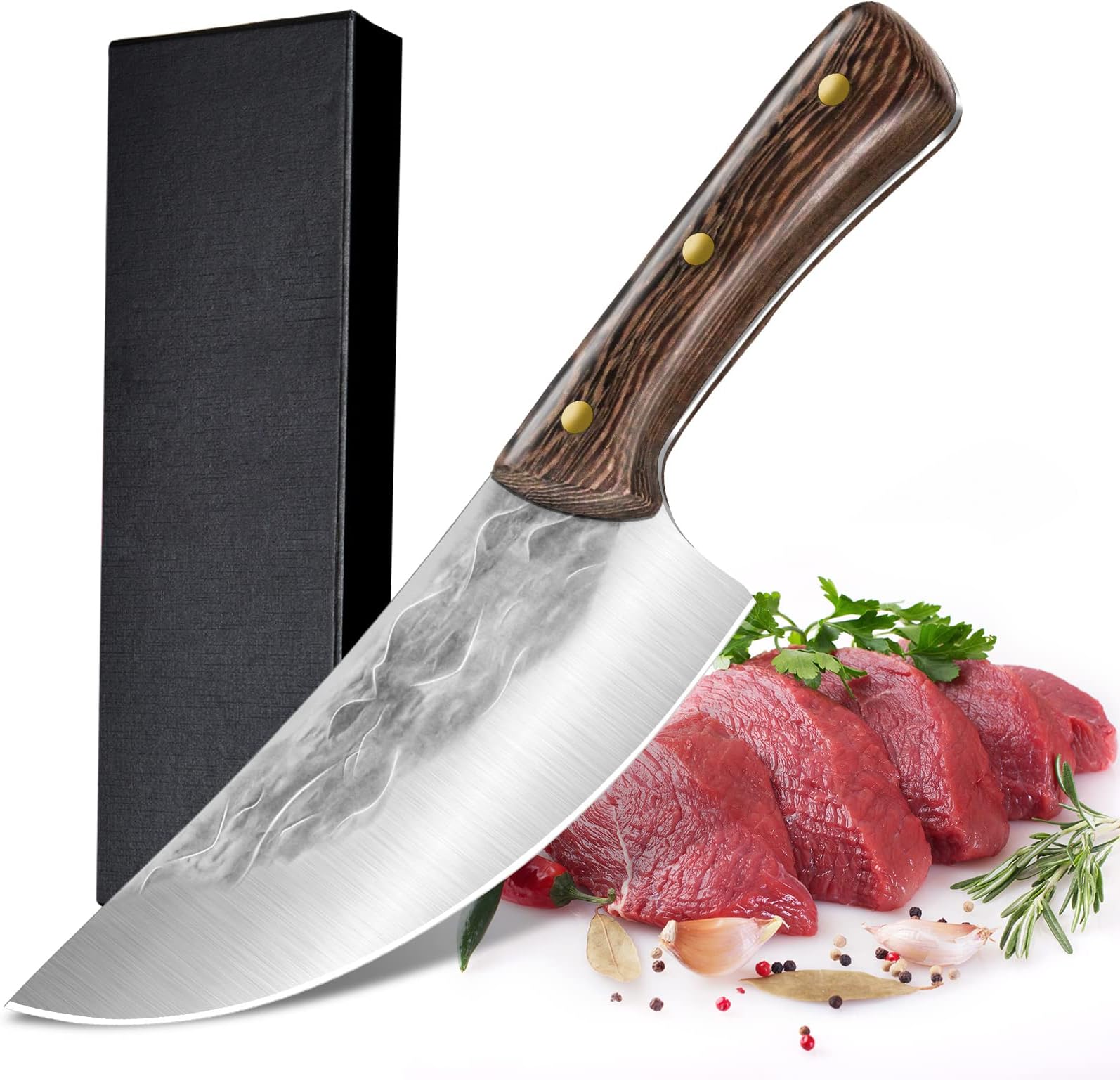 UniqueFireFull Tang Meat Cleaver Knife, Handmade Forged 6.8 inch Kitchen Chef Knife High Carbon Clad Steel Sharp Butcher Knives for Home, Outdoor, Camping, BBQ(07 Model)