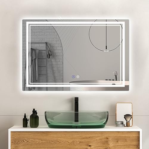 SaniteModar Espejo de baño LED, 48 x 32 pulgadas, antiniebla, regulable, espejo de baño de 3 luces de color, espejos de tocador LED impermeables,