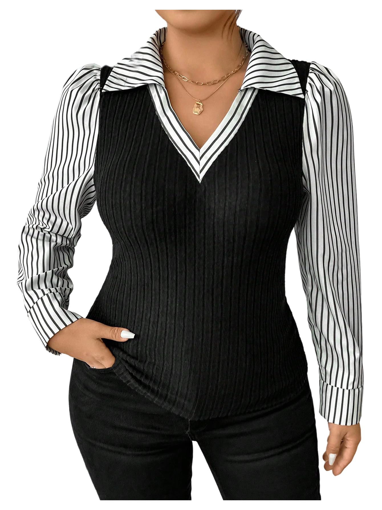 SOLY HUX Womens Plus Size Striped Sweater Collar V Neck Long Sleeve Casual Trendy Fall Pullover Tops