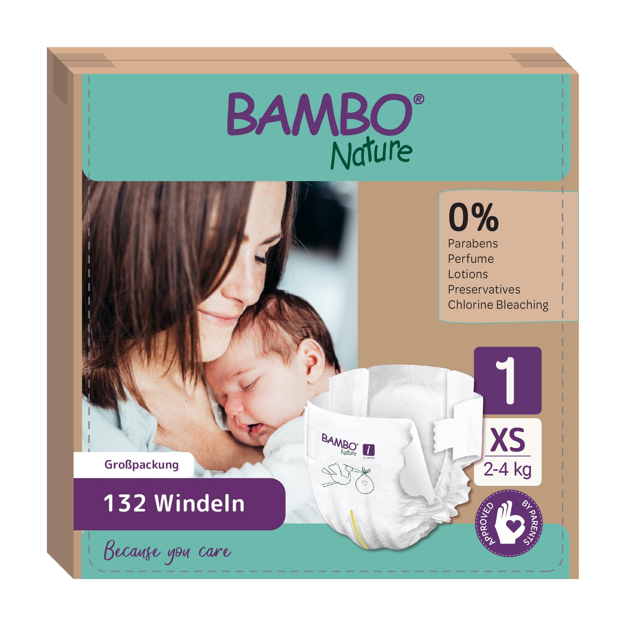 Bambo Nature Baby Windeln Größe 1 (2-4kg) 132 St. Monatsbox | Premium Diapers mit verbesserter Auslaufsicherheit | Ultimativen Komfort & Freiheit für Neugeborene | Dermatologisch getestet Nappies