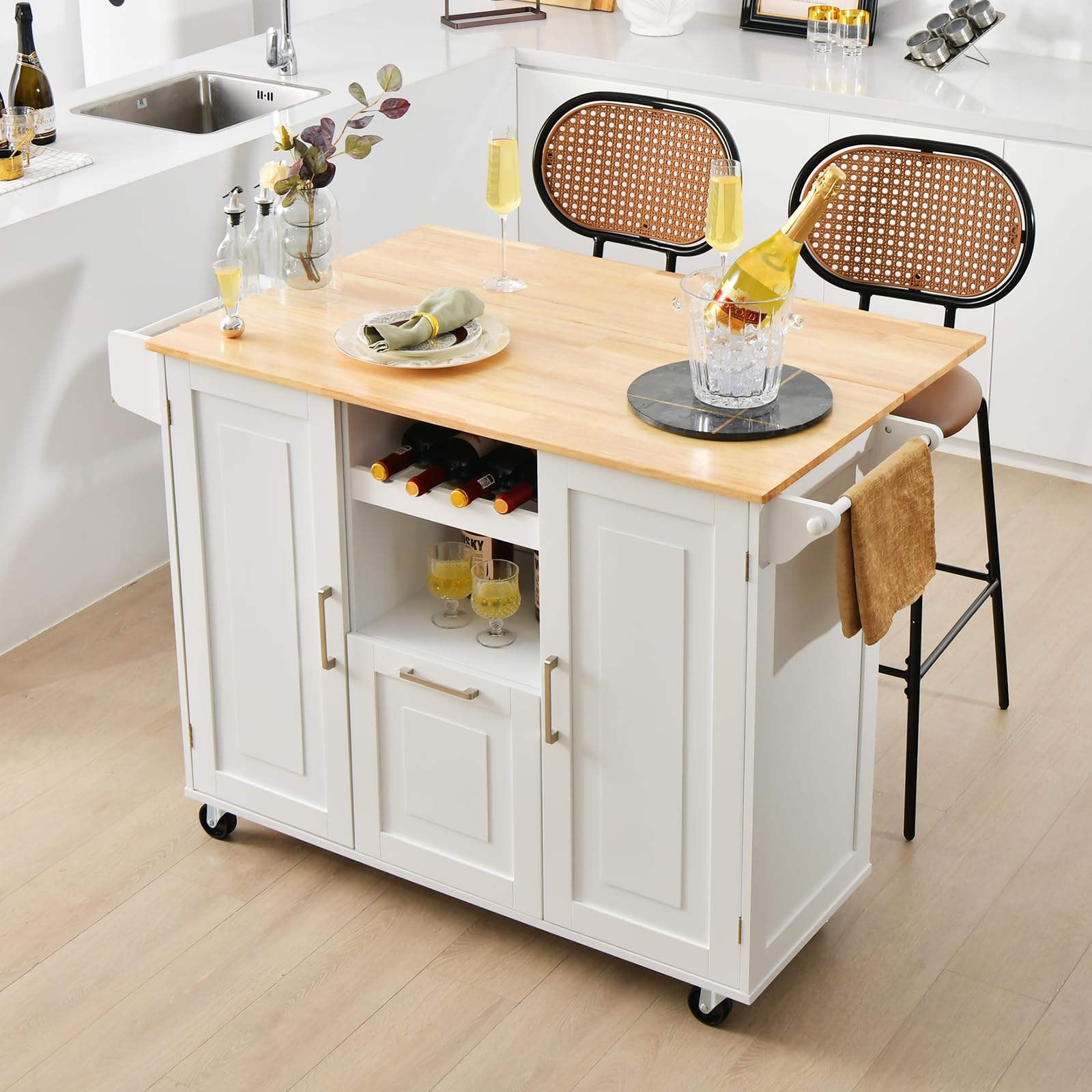 KOMFOTTEU Isola cucina mobile con piano di lavoro, carrello da cucina con cassetto, portabottiglie e 2 armadi porta, carrello da portata con ruote, carrello in legno per isola cucina, 130 x 45 cm
