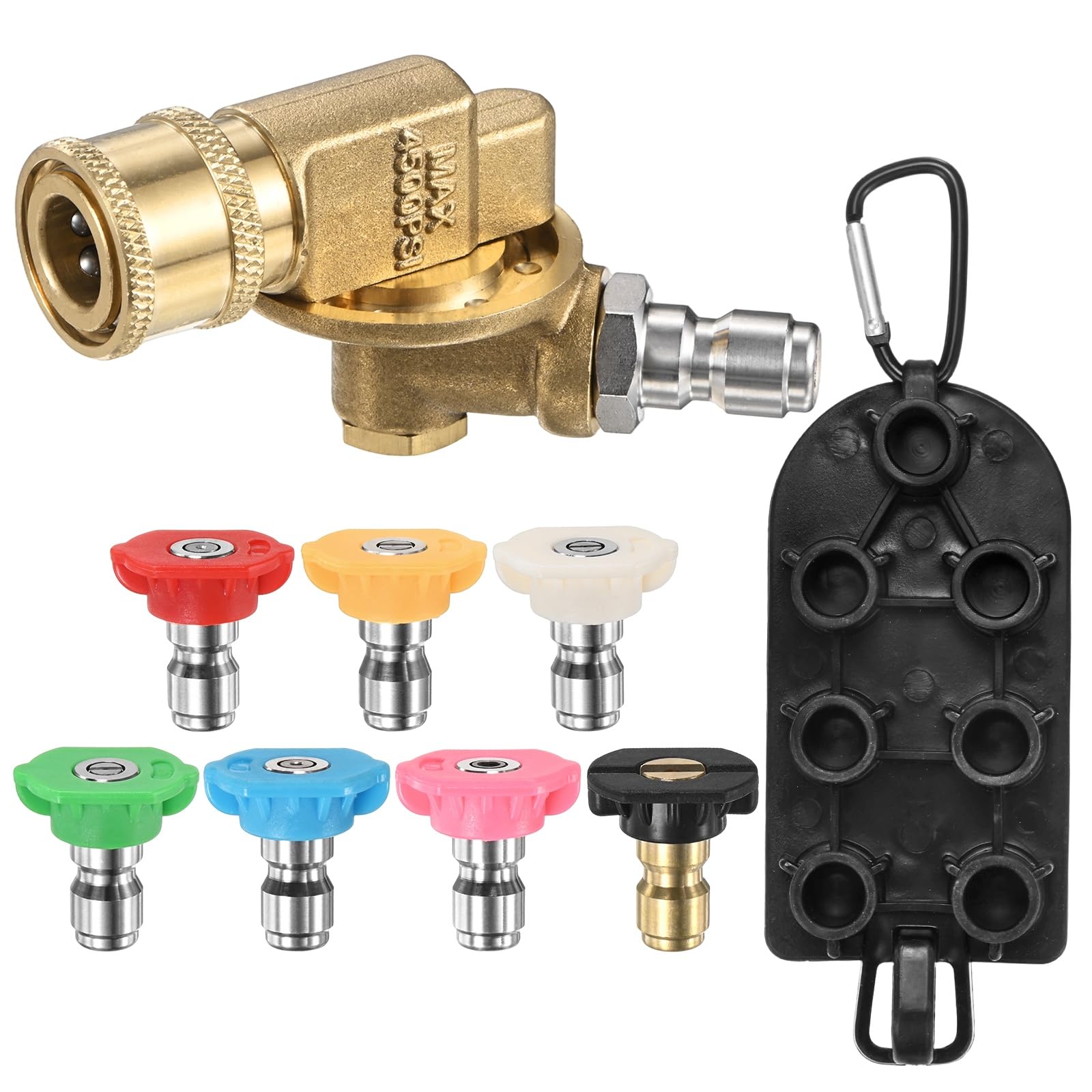 M METERXITY Pressure Washer Pivoting Coupler Kit, 240 Degree Gutter Cleaner Attachment with 7 Angles, Multi-Degrees 7 Power Spray Nozzle Tips with Holder, 1/4" Quick Connect, 3.5GPM for Gutter