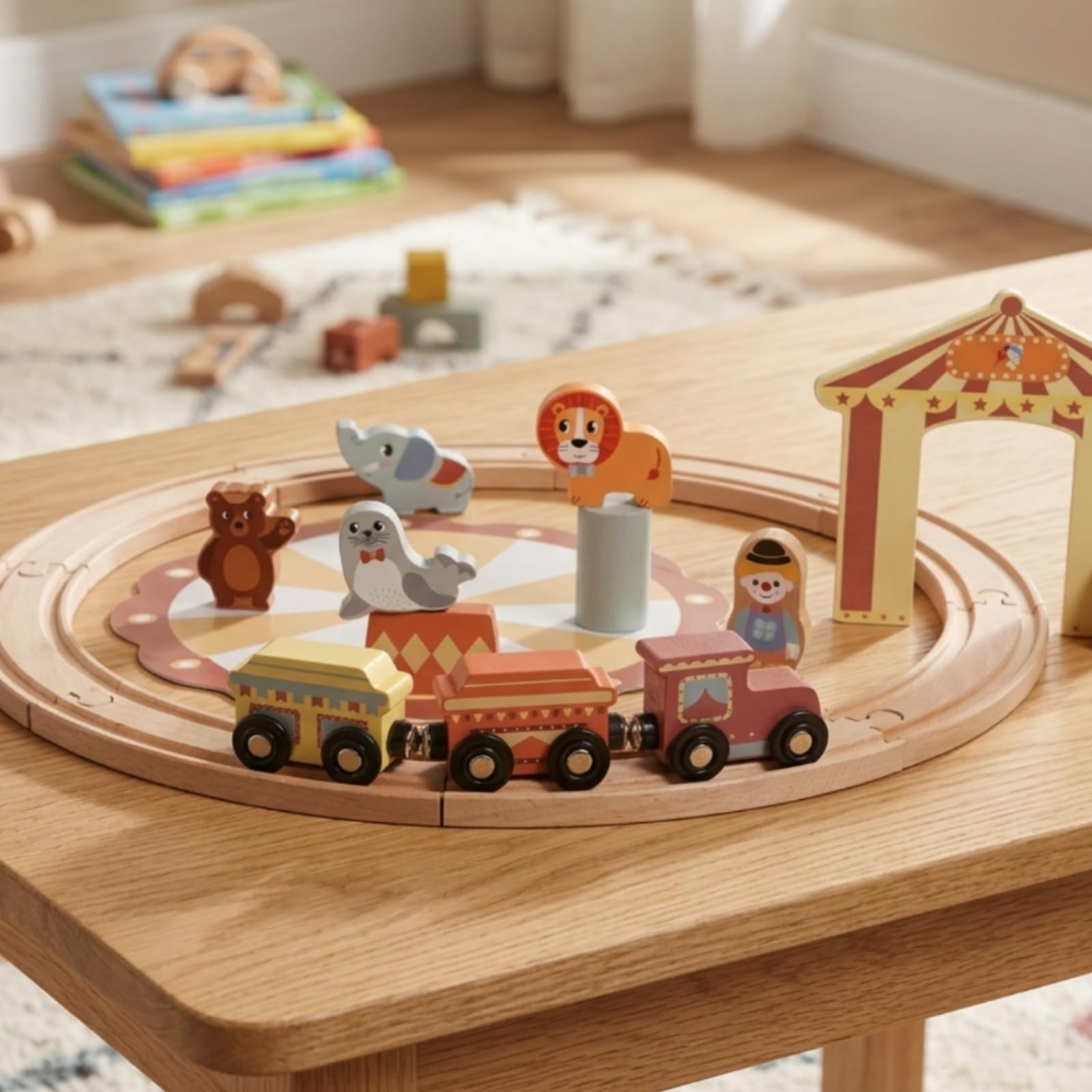 Treno di Legno per Bambini Set Costruzioni Ferrovia Carrozze in Faggio Levigato con Dettagli Dipinti per Narrazioni Adatto a Gioco Domestico Cameretta Regali