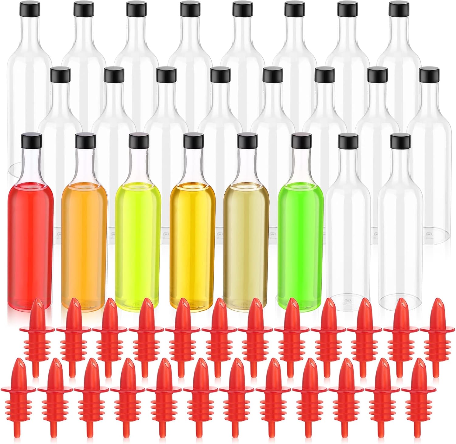 Yinder 24 Pcs Long Neck Plastic Bottles with Pourer 25 oz Empty Clear Wine Liquor Bottles Pour with 24 Pourers for Home Party Bar Kitchen