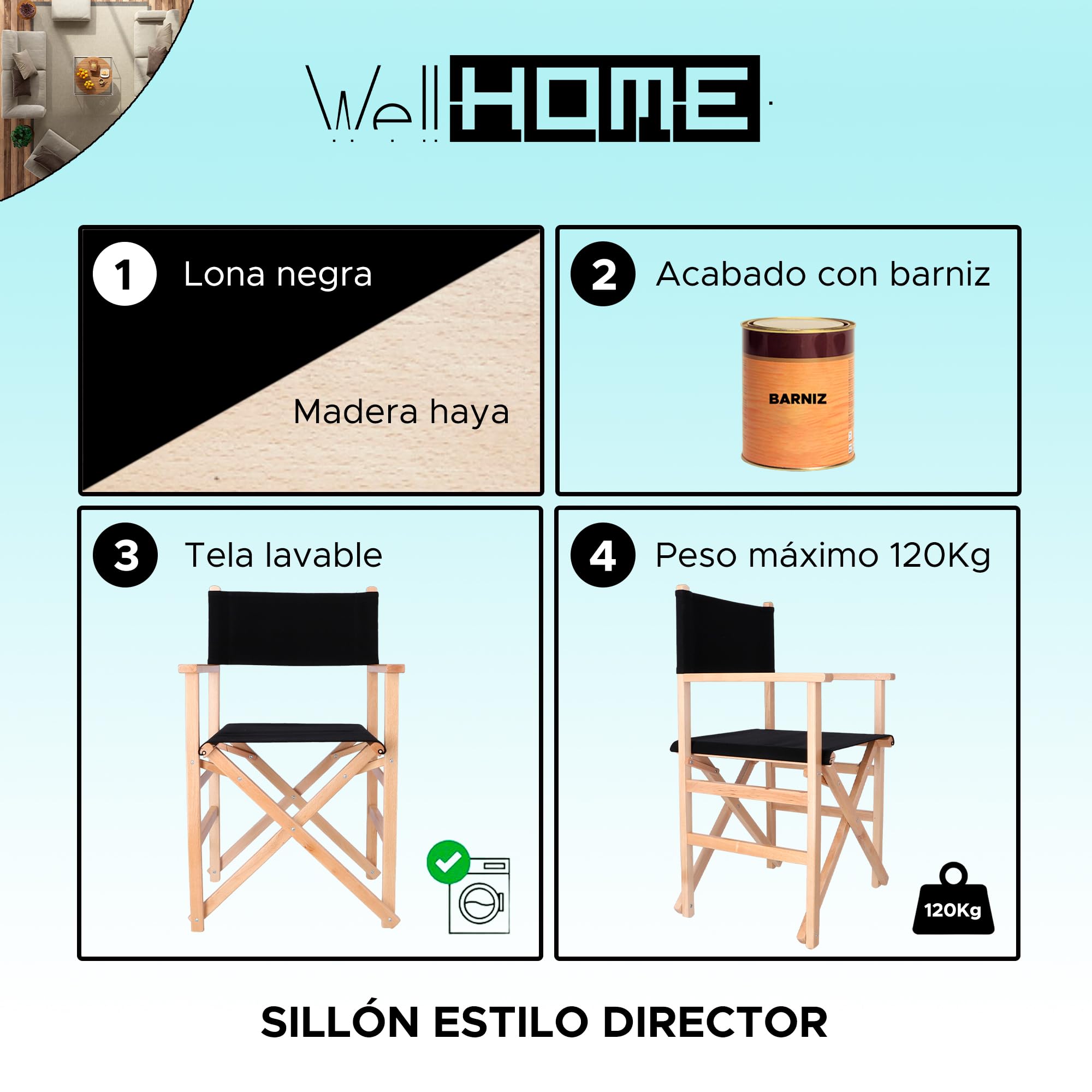 WELL HOME MOBILIARIO & DECORACIÓN Poltrona Dritta Pieghevole, Nero, 51x46x86