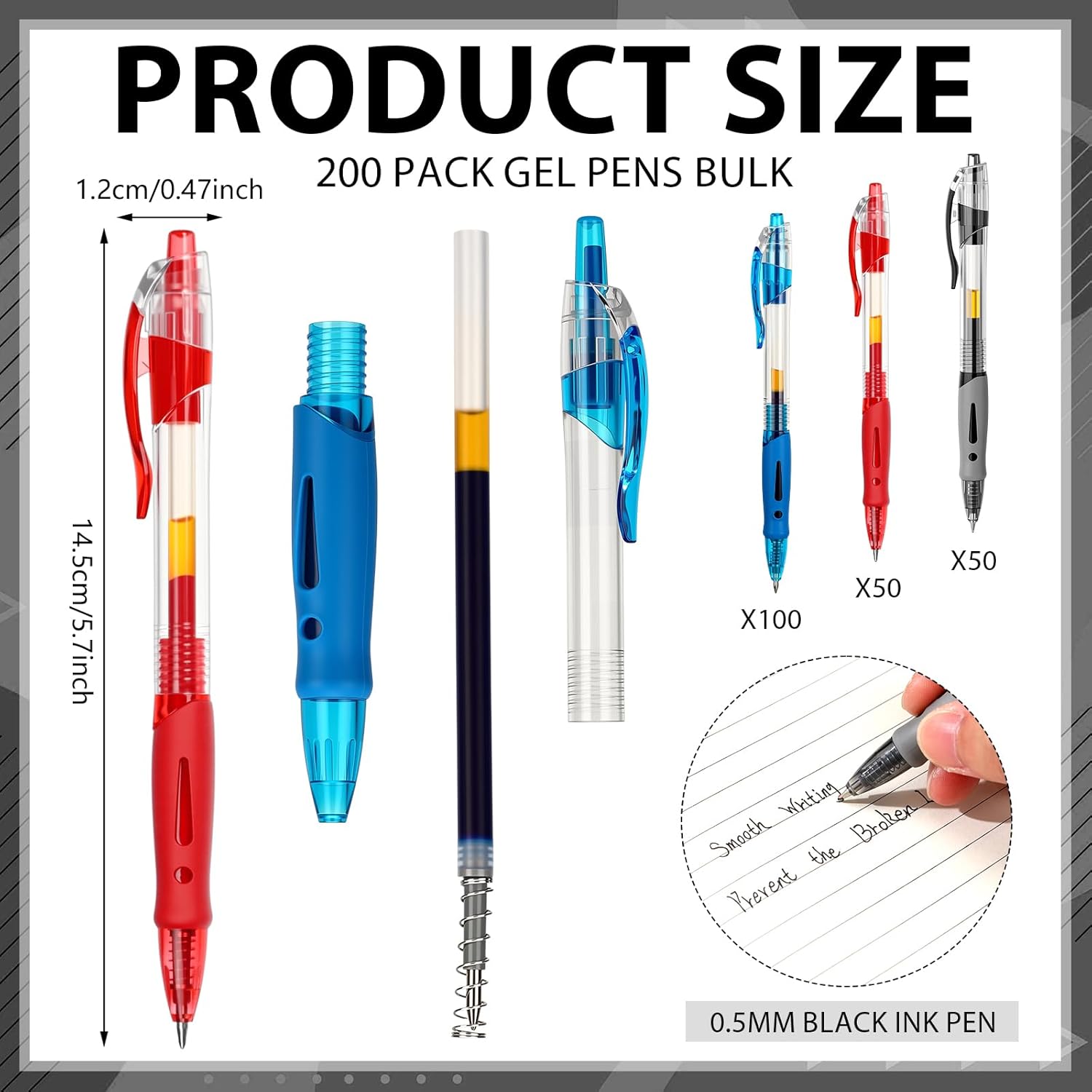 wearage 200 Pcs Gel Pens Bulk 0.5mm Ink Gel Pen Retractable Medium Point Rollerball Pens Quick Drying Smooth Writing with Comfortable Grip for School Office Journaling Note Homework (Black?red?blue) Black?red?blue 200