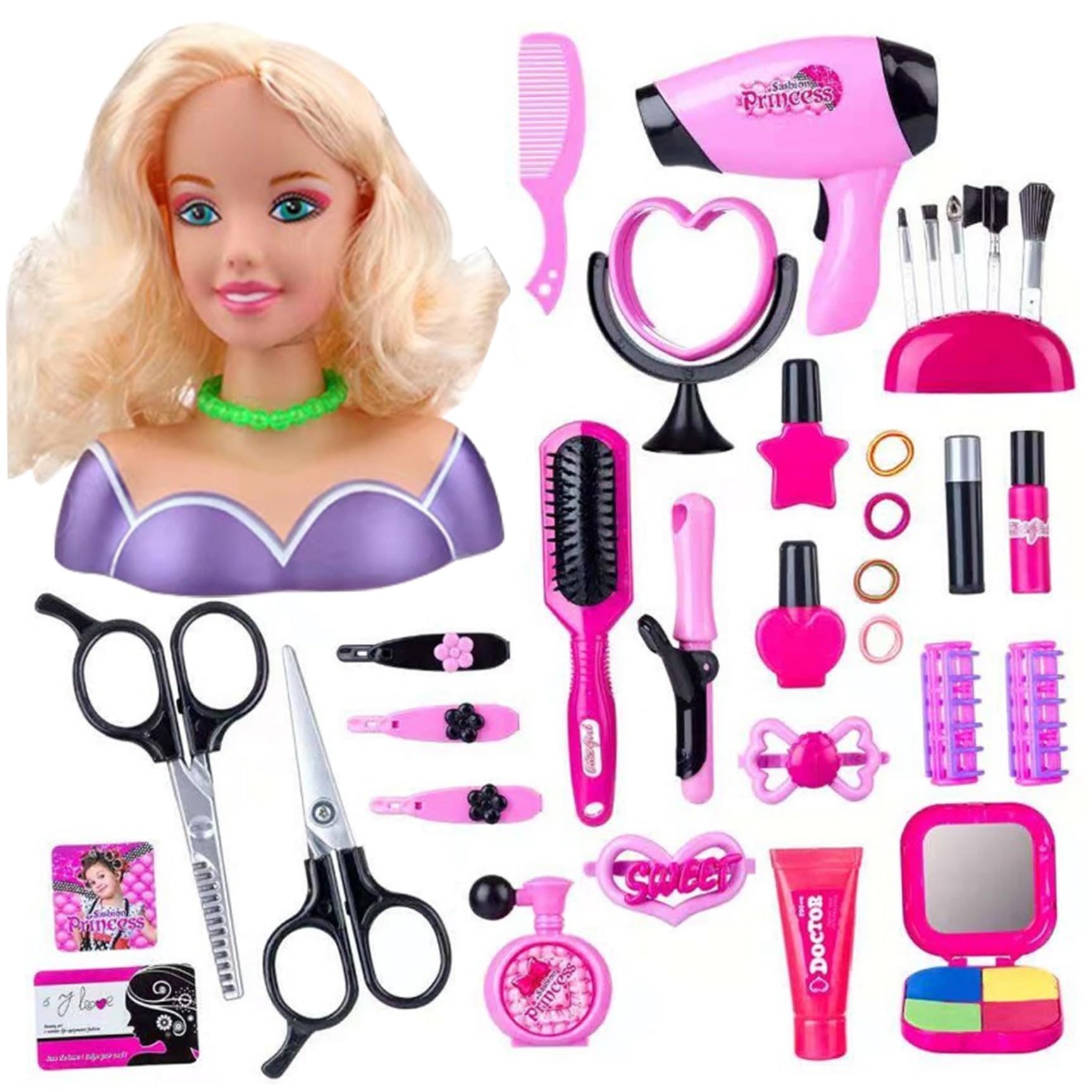 Cabeza De MuñEca para Peinar El Cabello 35 Unids/Set Cabeza De MuñEca De Estilo De Cabello Seguro para NiñAs Juego De PeluqueríA con Accesorios para El Cabello para Regalo De NiñAs