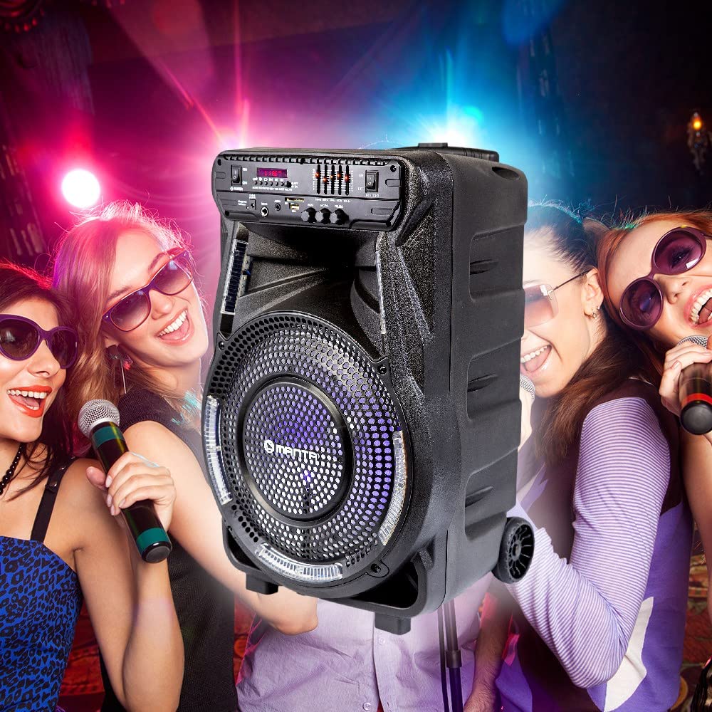 MANTA Altavoz Bluetooth Karaoke SPK5033 - Amplificador Digital, Efectos de luz LED RGB Discoteca, Bluetooth 5.0, Ecualizador, TWS, grabación, Radio FM, Karaoke - 36 x 29.2 x 54.2