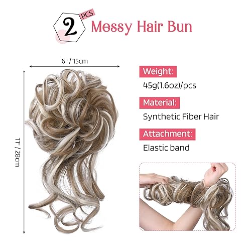 Miniatura 2 de HOOJIH 2 piezas de cabello desordenado con moño despeinado, extensiones de moño rizado y ondulado para cola de caballo para mujer, HB010 Dasiy,