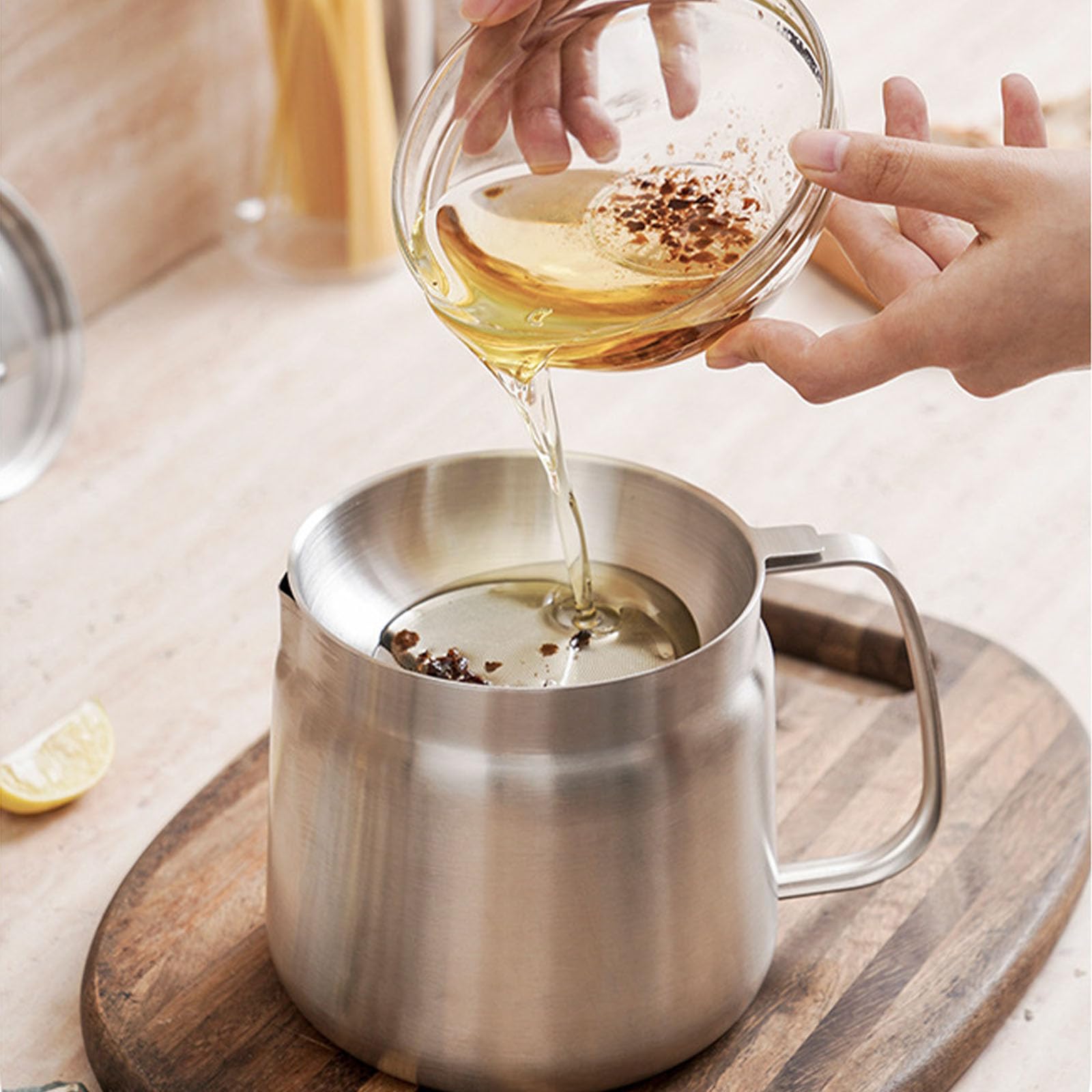 Olla coladora de aceite 2 en 1 de acero inoxidable 304, recipiente de filtro multifuncional grande con cesta de freír para cocinar, drenar y almacenar aceite de cocina