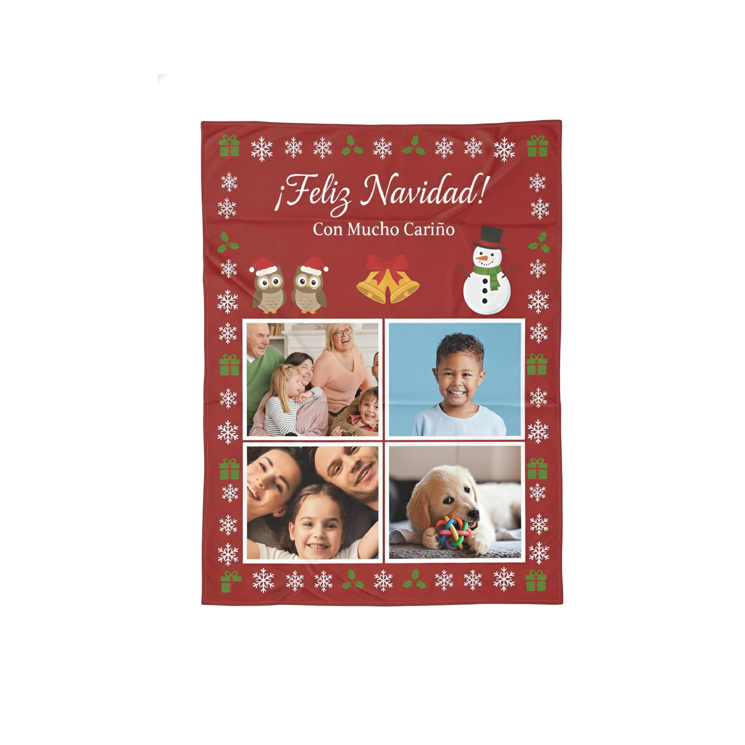 Manta Navideña Personalizada con Foto y Nombre. 8 Medidas Disponibles Familiares, Amigos o Pareja. Regalo Emotivo y Original (4 Fotos, 105X75)