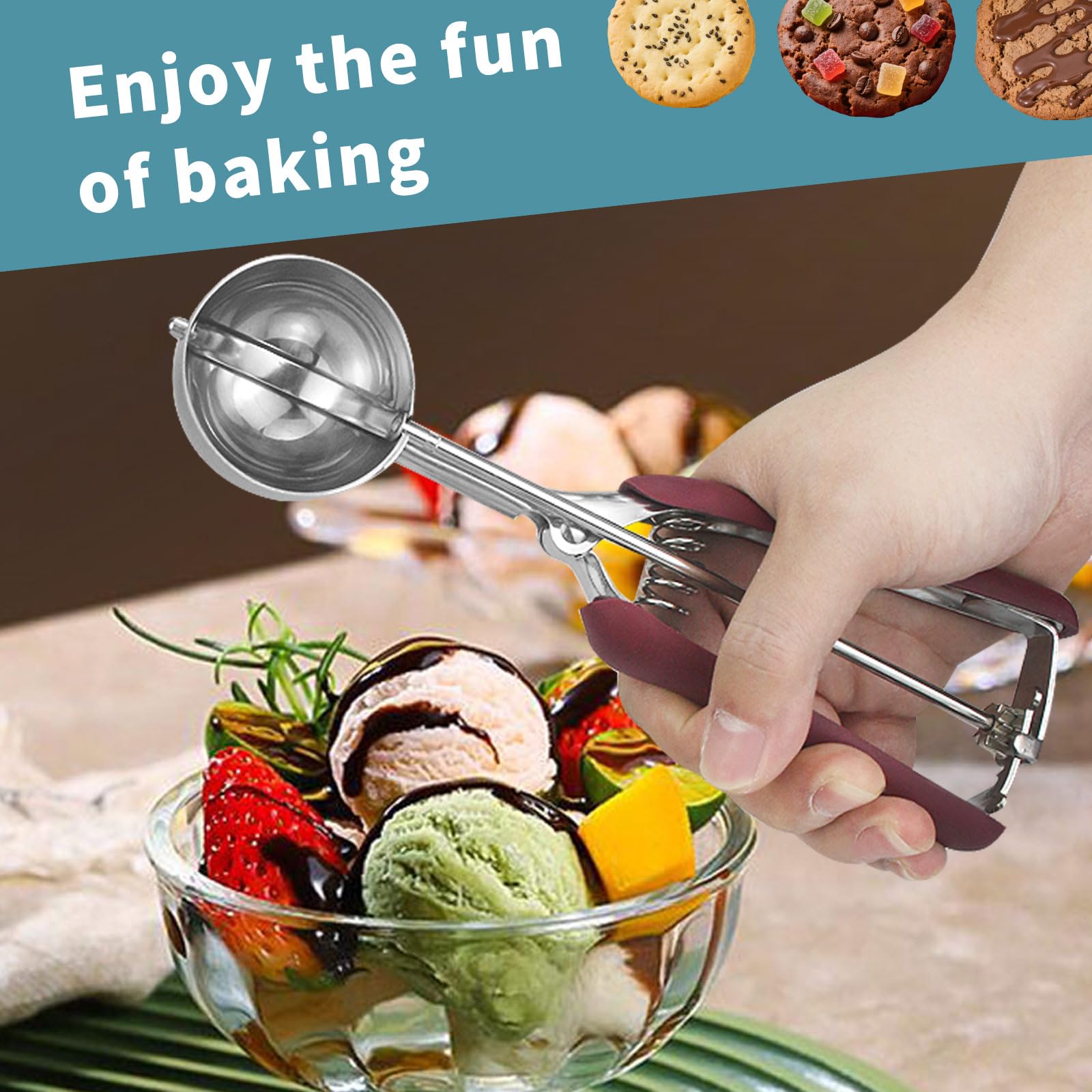 Set 3 Pezzi Porzionatore Gelato e Impasto, Cucchiaio Dosatore Biscotti Acciaio Inox 18/8