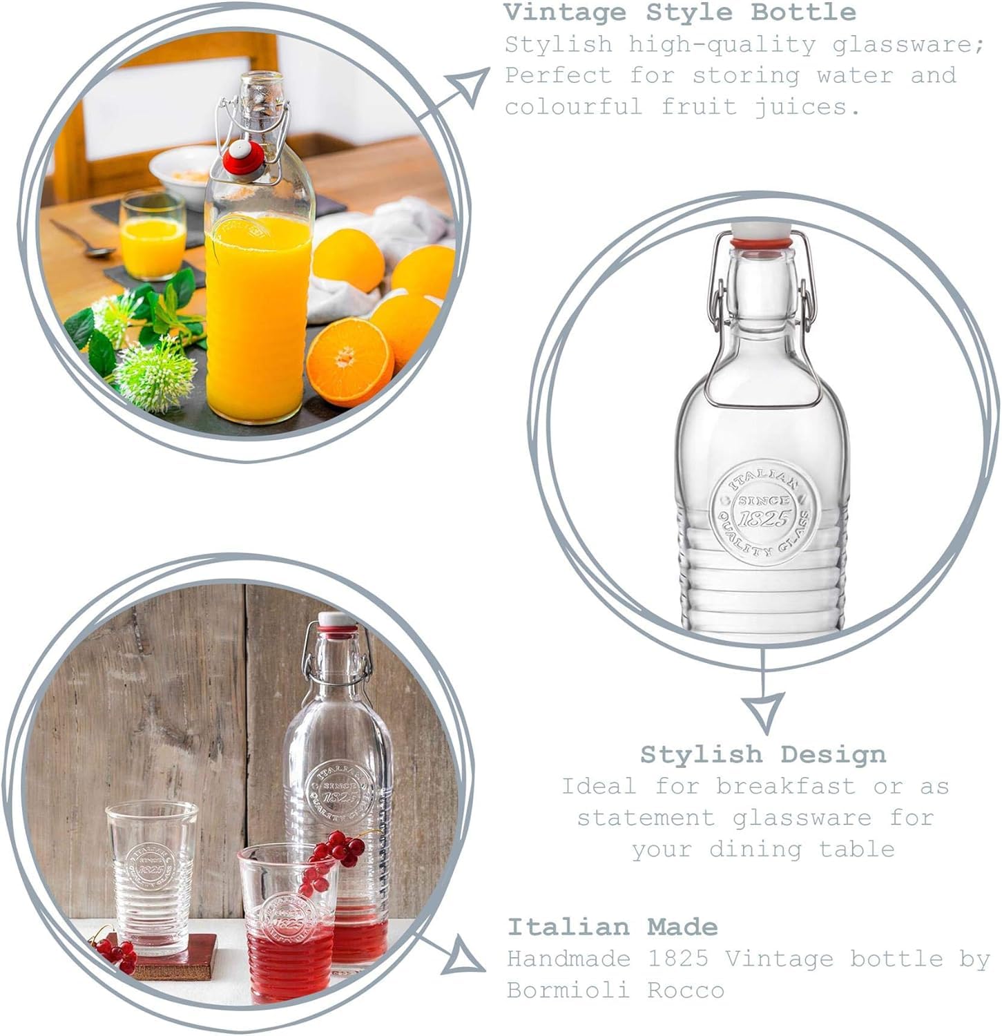 Bormioli Officina 1825 - Set di 6 bottiglie di vetro da 1,2 l, design originale italiano con rilievo, ermetiche e trasparenti, ideali per bevande, fermentazione, conserve e decorazioni