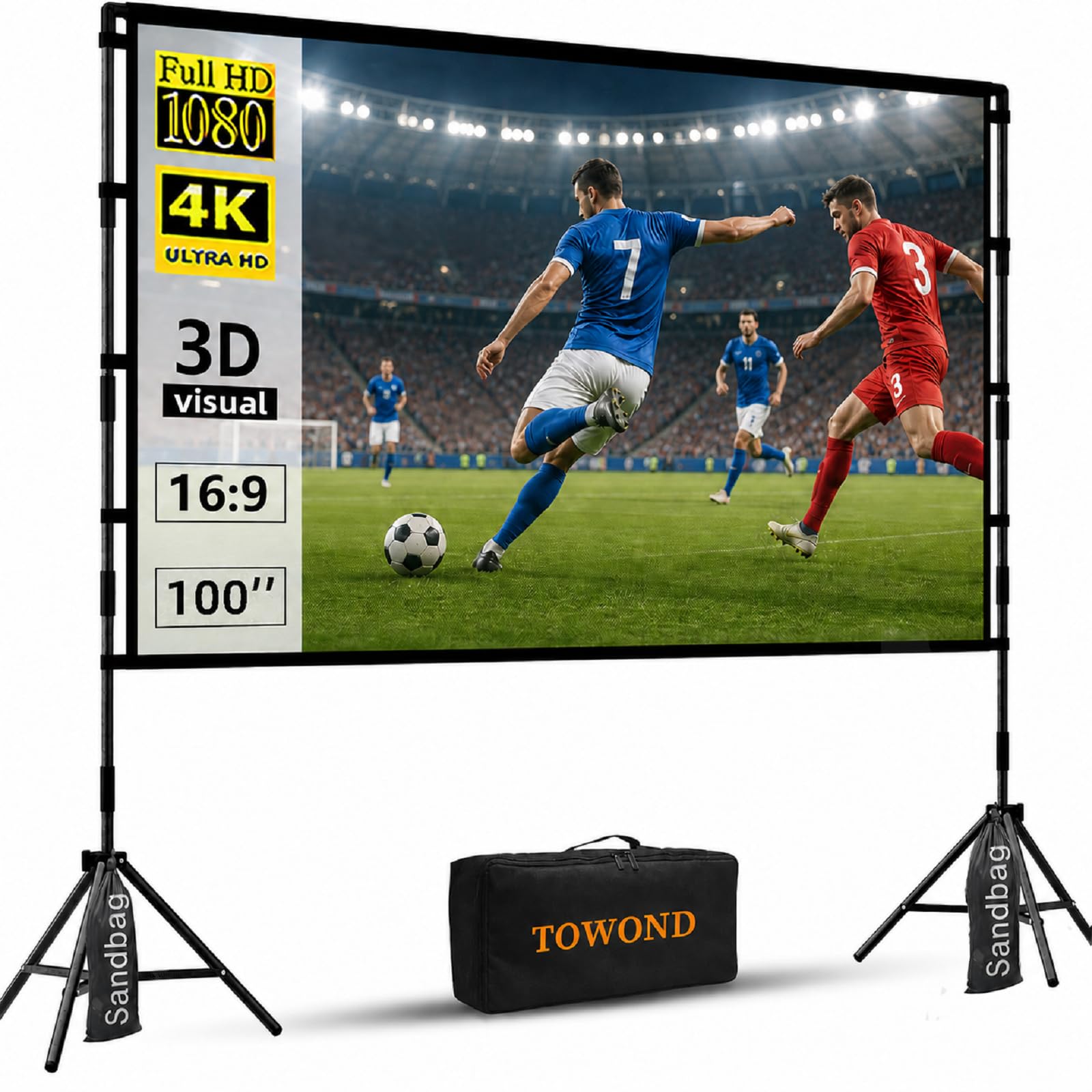 Towond, Pantalla portátil de proyector para Interiores y Exteriores de 100 Pulgadas (254 cm) con Soporte, Escala 16:9, Frontal y Trasera 4K con Bolsa de Transporte para Cine en casa y Patio Trasero