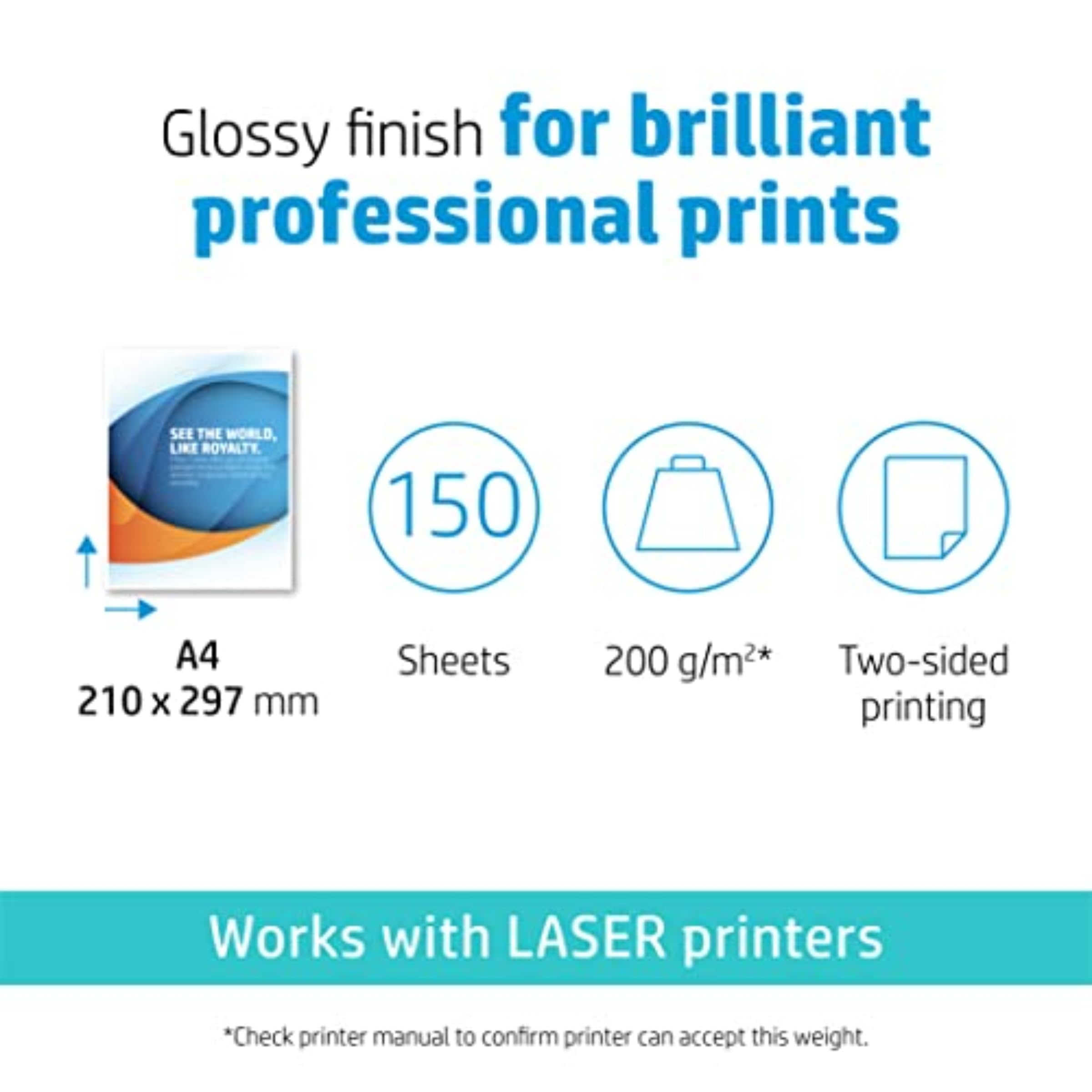 HP Professional Business Photo Paper, 7MV83A, 150 hojas de papel fotográfico brillante avanzado, compatible con impresoras láser, A4, peso del material de impresión 200 g/m²