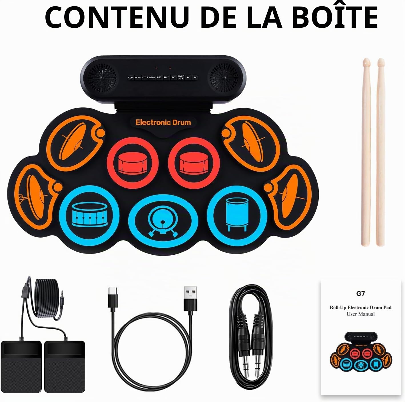 Kit de batterie électronique, 9 coussinets d'oreille enroulables, kit de tampon de batterie électrique avec prise casque, 10 heures de lecture, haut-parleur intégré (Couleur)
