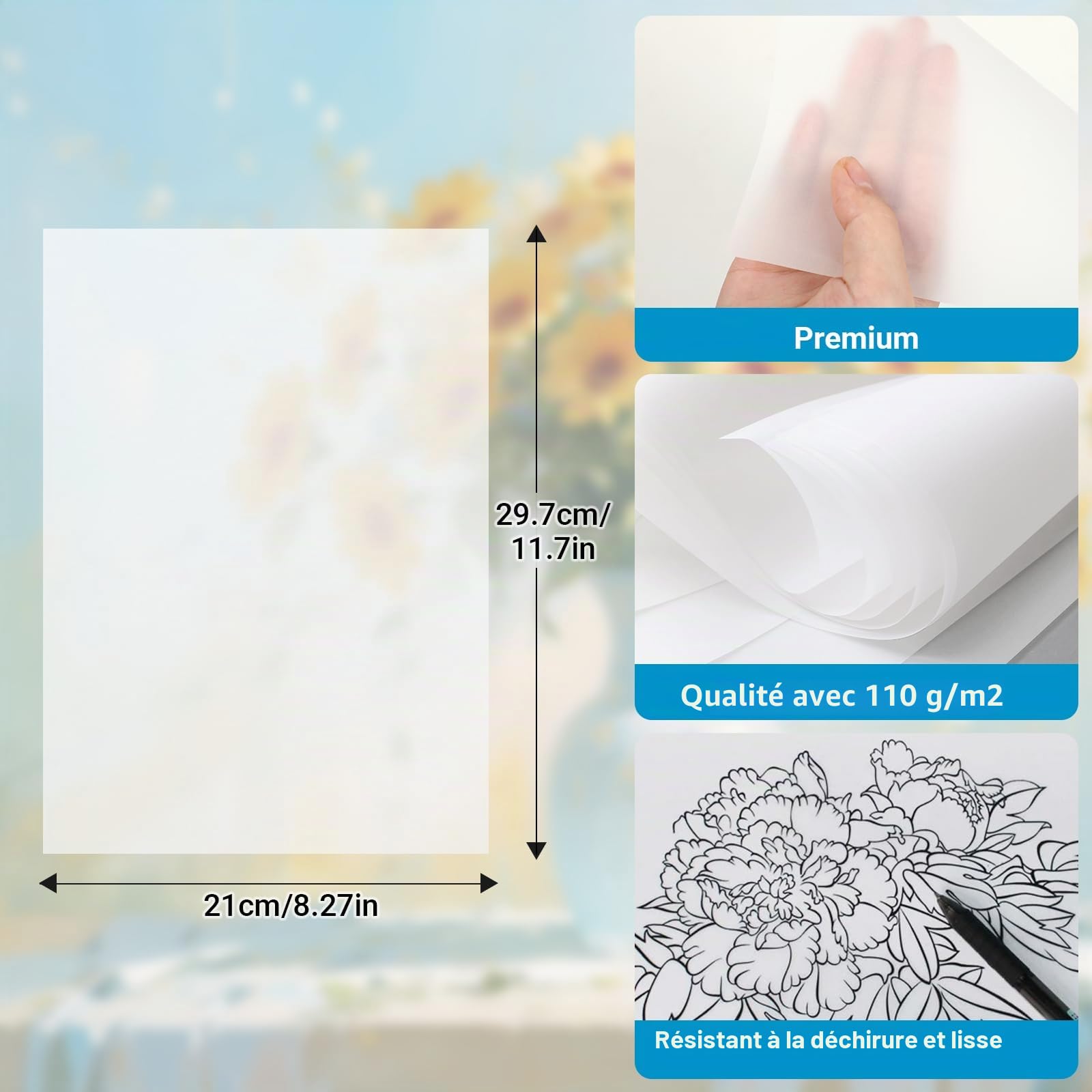 Kievano Papier Calque Imprimable A4 110 g/m² – 100 Feuilles Papier Transparent Épais pour Imprimante Jet d’Encre & Laser, Dessin, Architecture, Couture, DIY