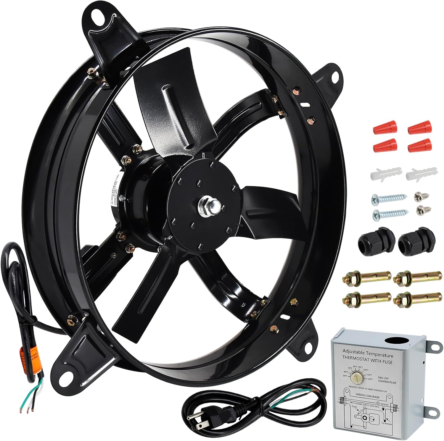 Hiorucet 16 Inch Wall Mounted Attic Gable Vent Fan with Adjustable Temperature Thermostat Control, 60HZ, 115V, 1480R/min, 98W, Gable Mount Vent Attic Fan with Pure Copper Motor, High Speed Low Noise 16-Inch